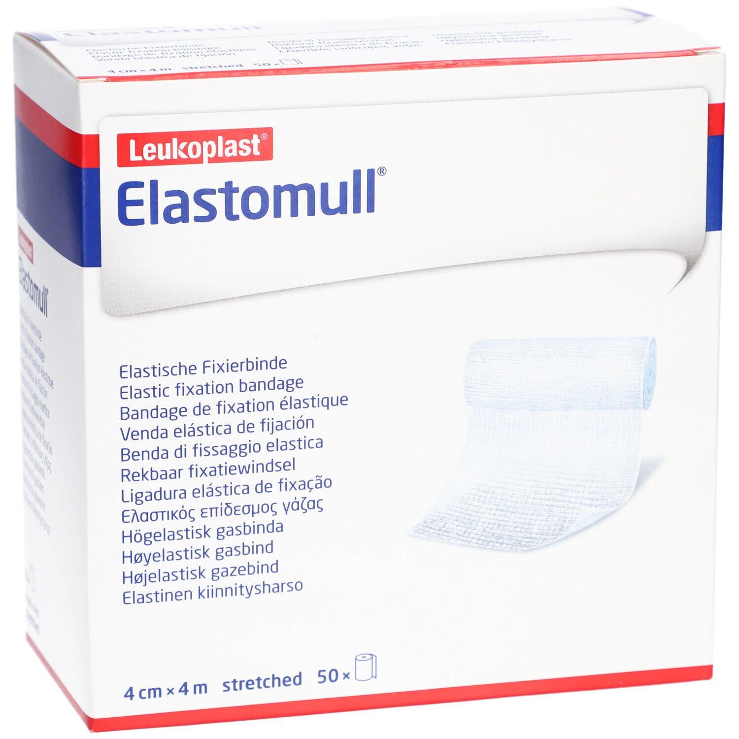 Weiße Verpackung mit "Elastomull"-Schriftzug. Enthält elastische Fixierbinde. Größe: 4 cm x 4 m. 50 Stück.
