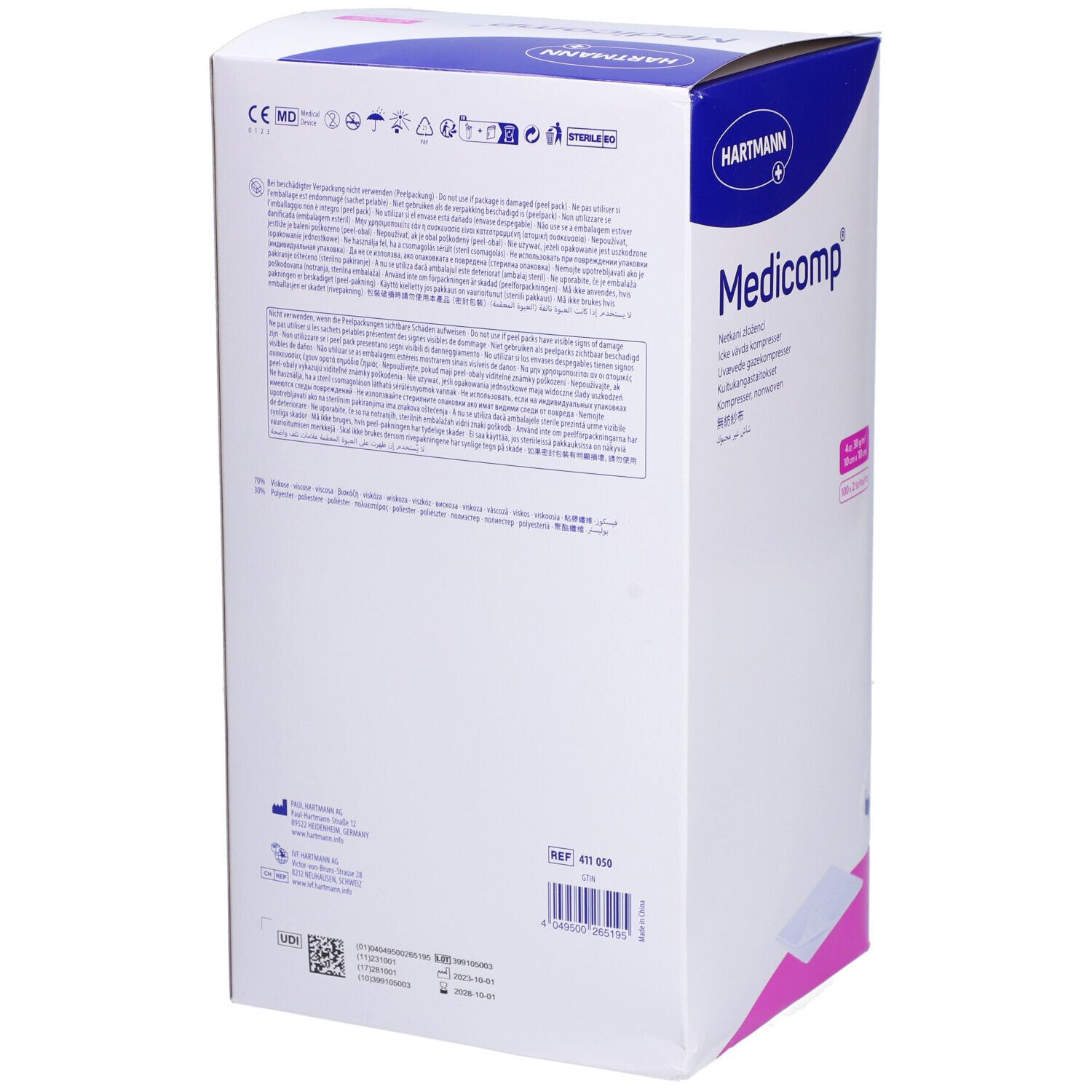 Rückseite der Medicomp Verpackung. Text in mehreren Sprachen. Logos und Informationen. Ref. 49 025.