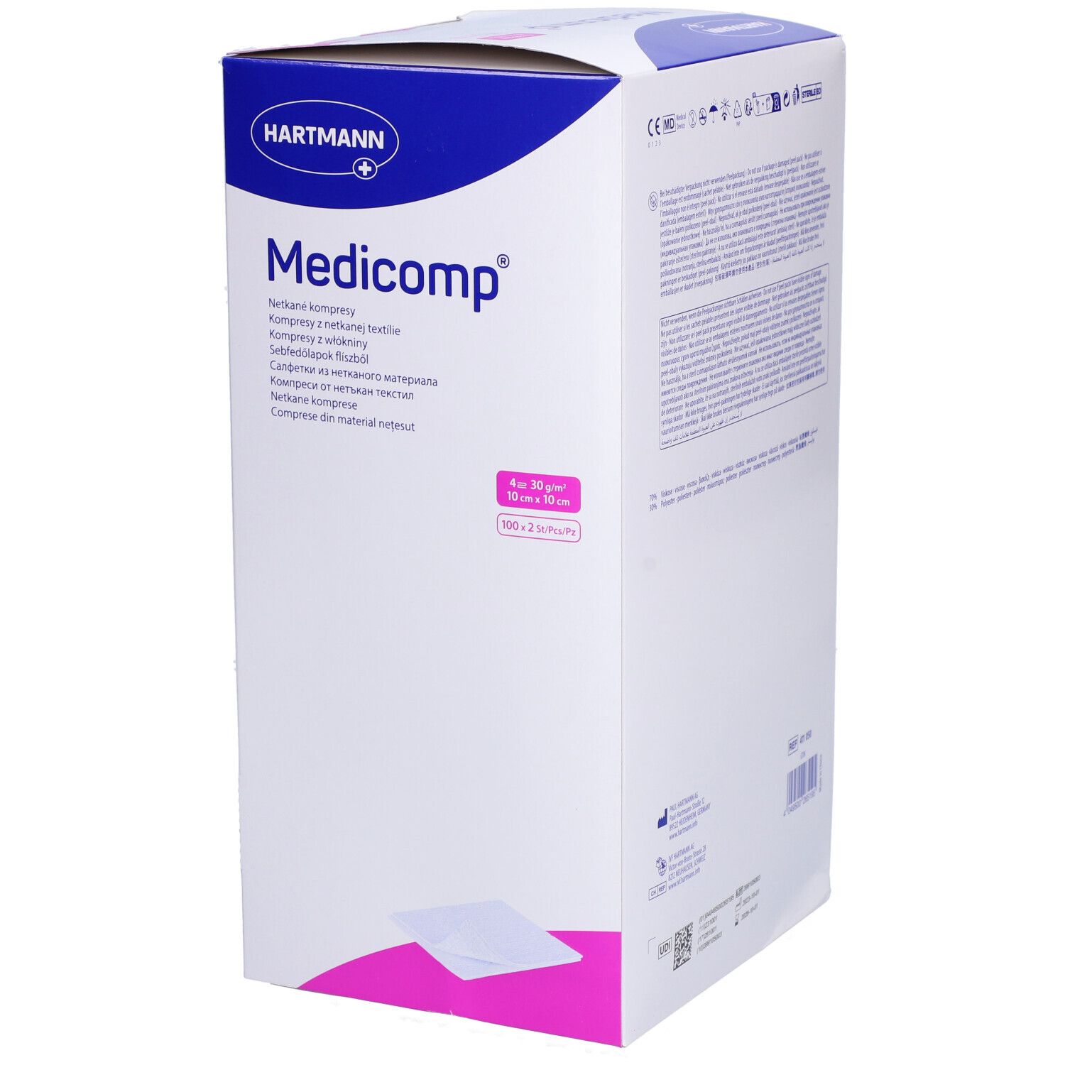 Verpackung von Medicomp Vliesstoffkompressen. Aufdrucke: HARTMANN, Medicomp, 4-lagig, 10 x 10 cm, 100 x 2 Stück.