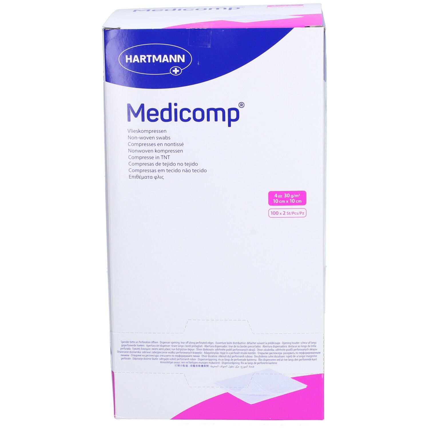 Verpackung von Medicomp Vliesstoffkompressen. Aufdrucke: HARTMANN, Medicomp, 4-lagig, 10 x 10 cm, 100 x 2 Stück.