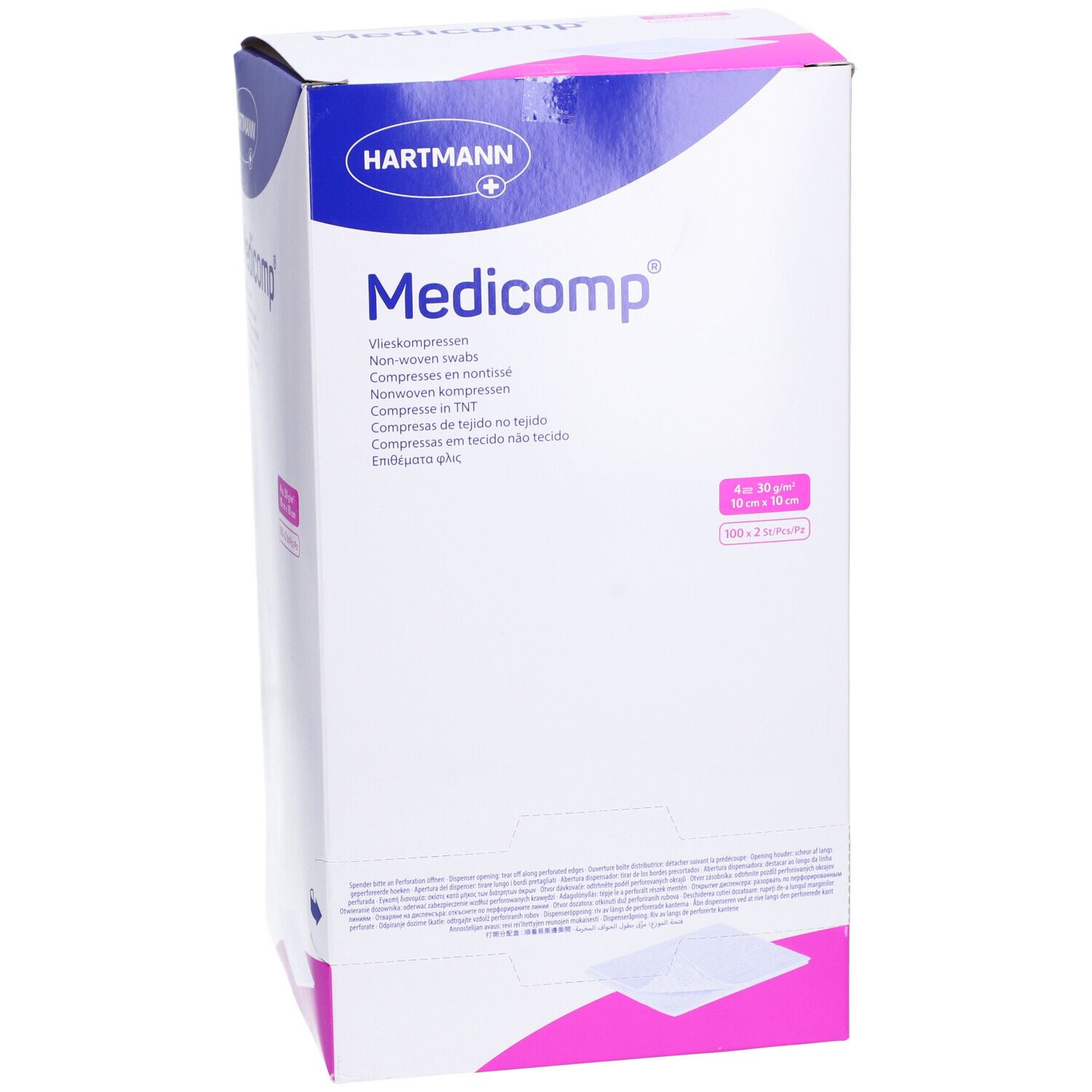 Verpackung von Medicomp Vliesstoffkompressen. Aufdrucke: HARTMANN, Medicomp, 4-lagig, 10 x 10 cm, 100 x 2 Stück.