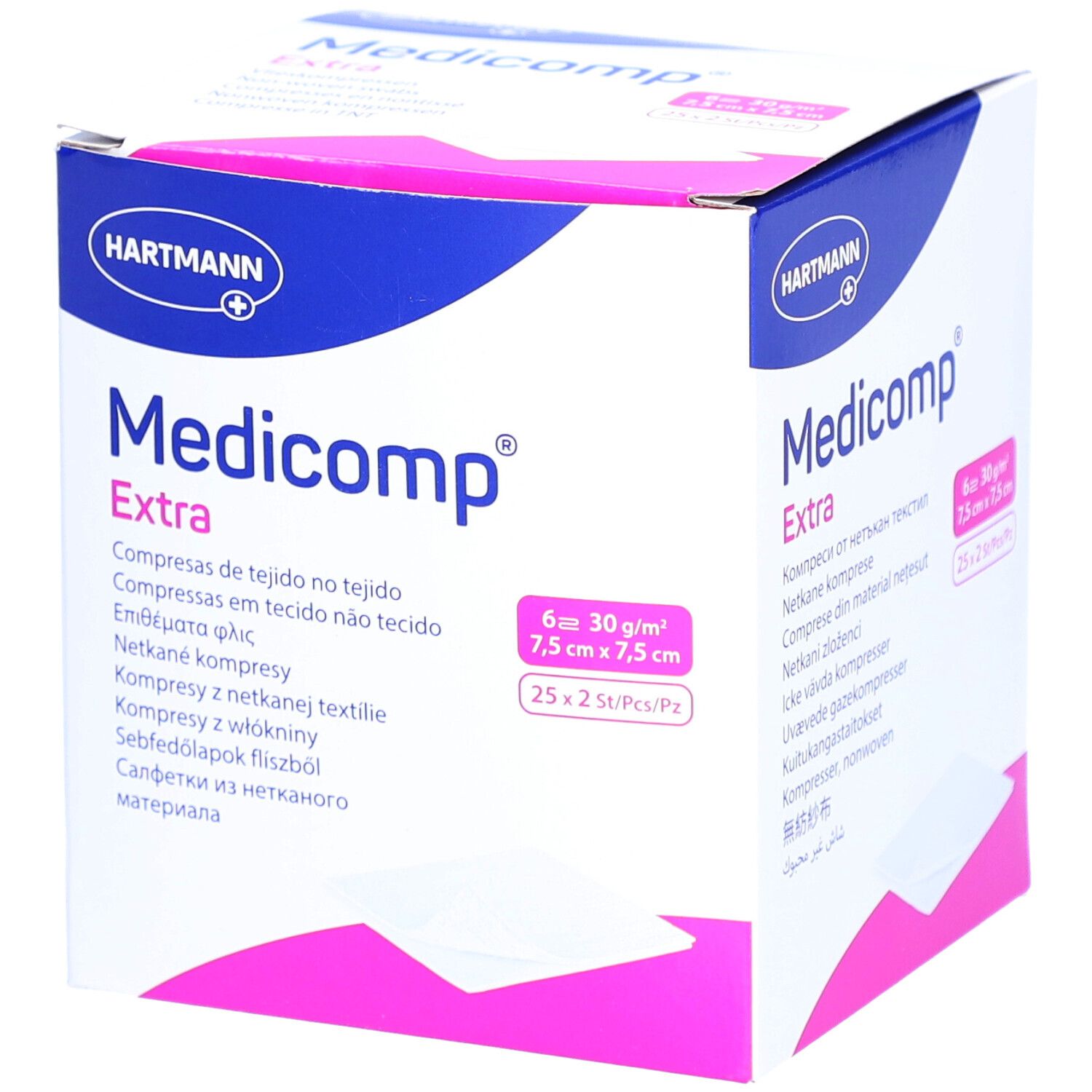 Verpackung von Medicomp Extra Kompressen. Größe 7,5 x 7,5 cm. 25 x 2 Stück pro Packung. Hartmann Logo.