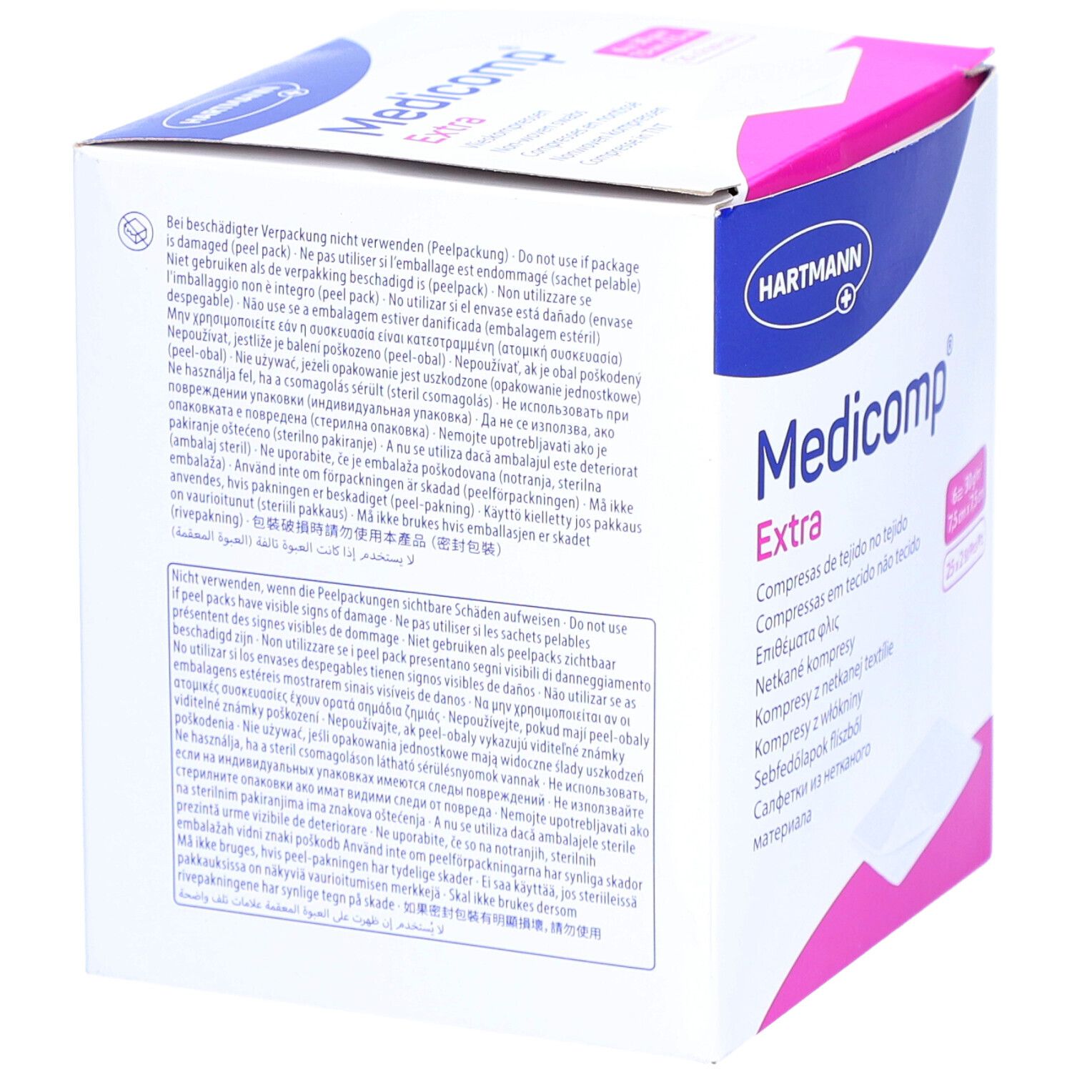 Verpackung von Medicomp Extra Kompressen. Text mit Warnhinweisen. Hartmann Logo. Rosa und weiße Farbgebung.