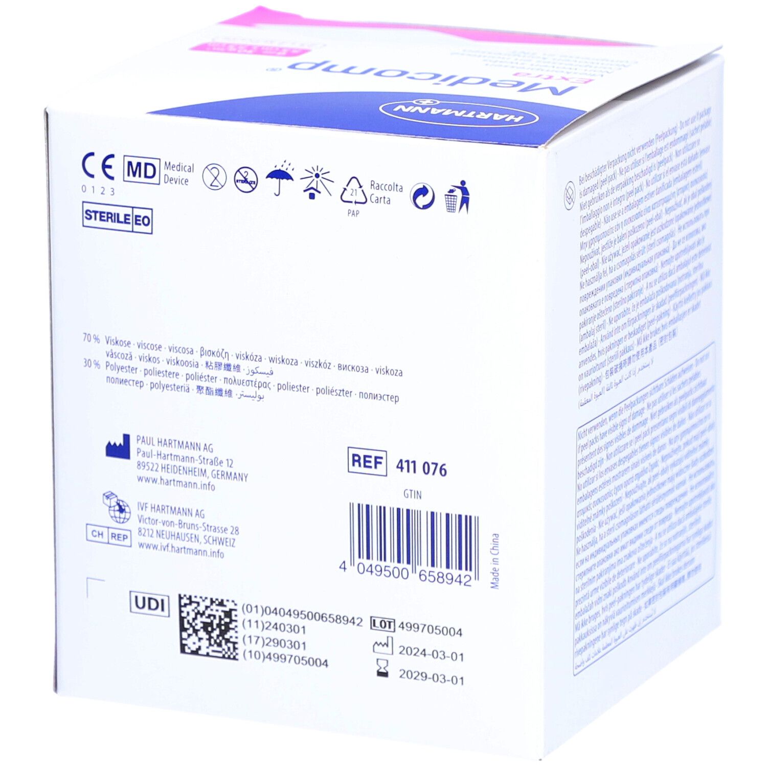 Rückseite der Medicomp Extra Verpackung. Medizinprodukt. Steril EO. Barcode und UDI-Code. Hartmann Logo.