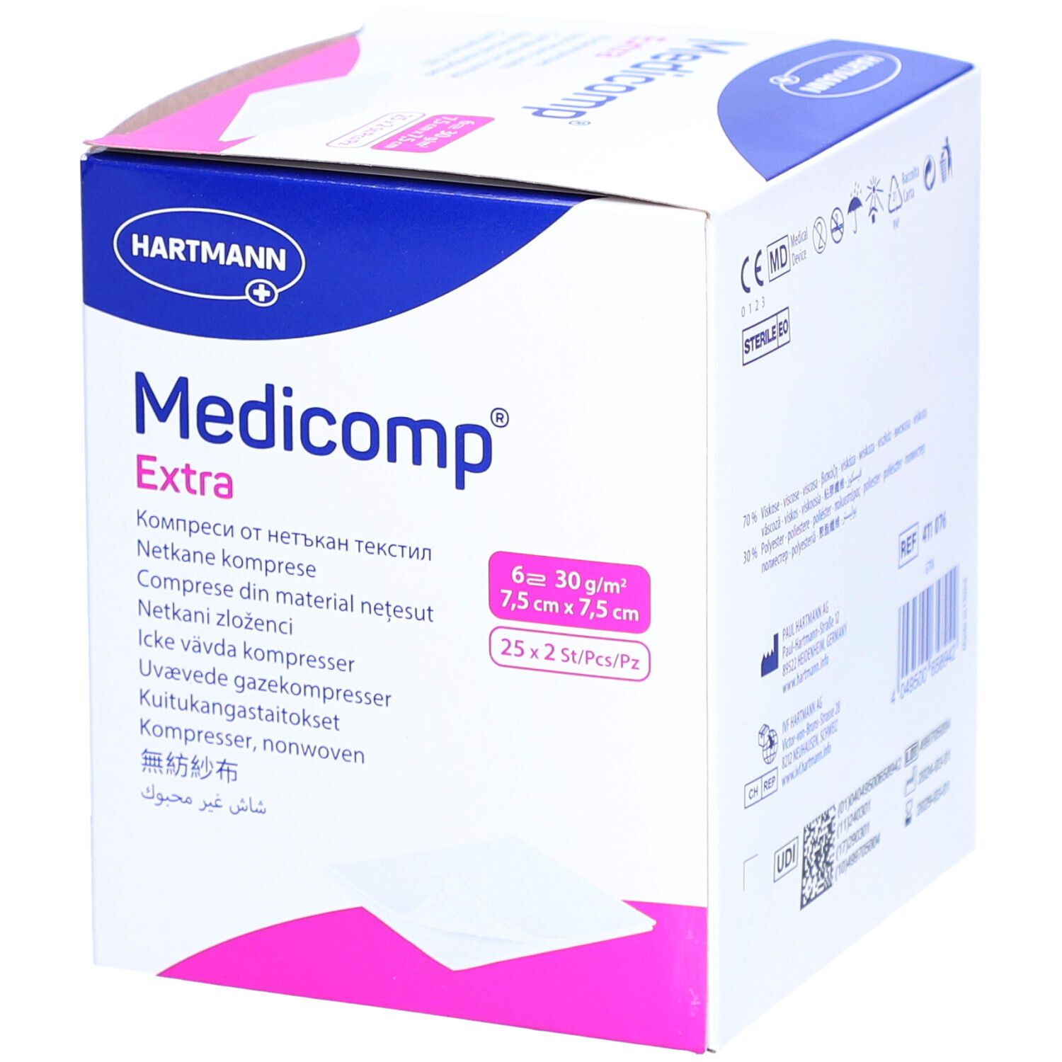 Verpackung von Medicomp Extra Kompressen. Größe 7,5 x 7,5 cm. 25 x 2 Stück pro Packung. Hartmann Logo.