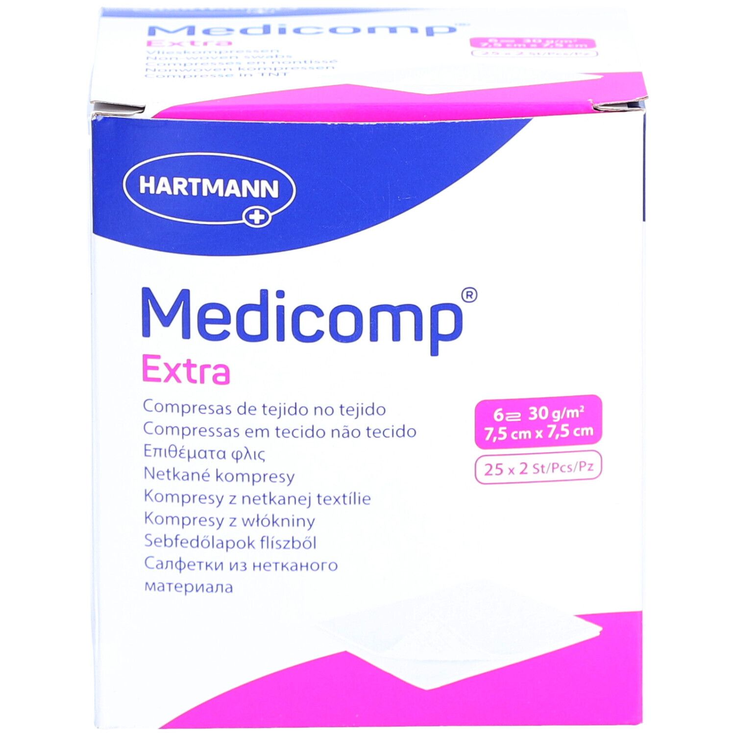 Verpackung von Medicomp Extra Kompressen. Größe 7,5 x 7,5 cm. 25 x 2 Stück pro Packung. Hartmann Logo.