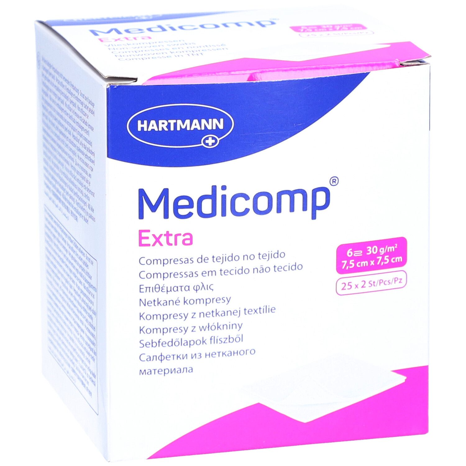 Verpackung von Medicomp Extra Kompressen. Größe 7,5 x 7,5 cm. 25 x 2 Stück pro Packung. Hartmann Logo.