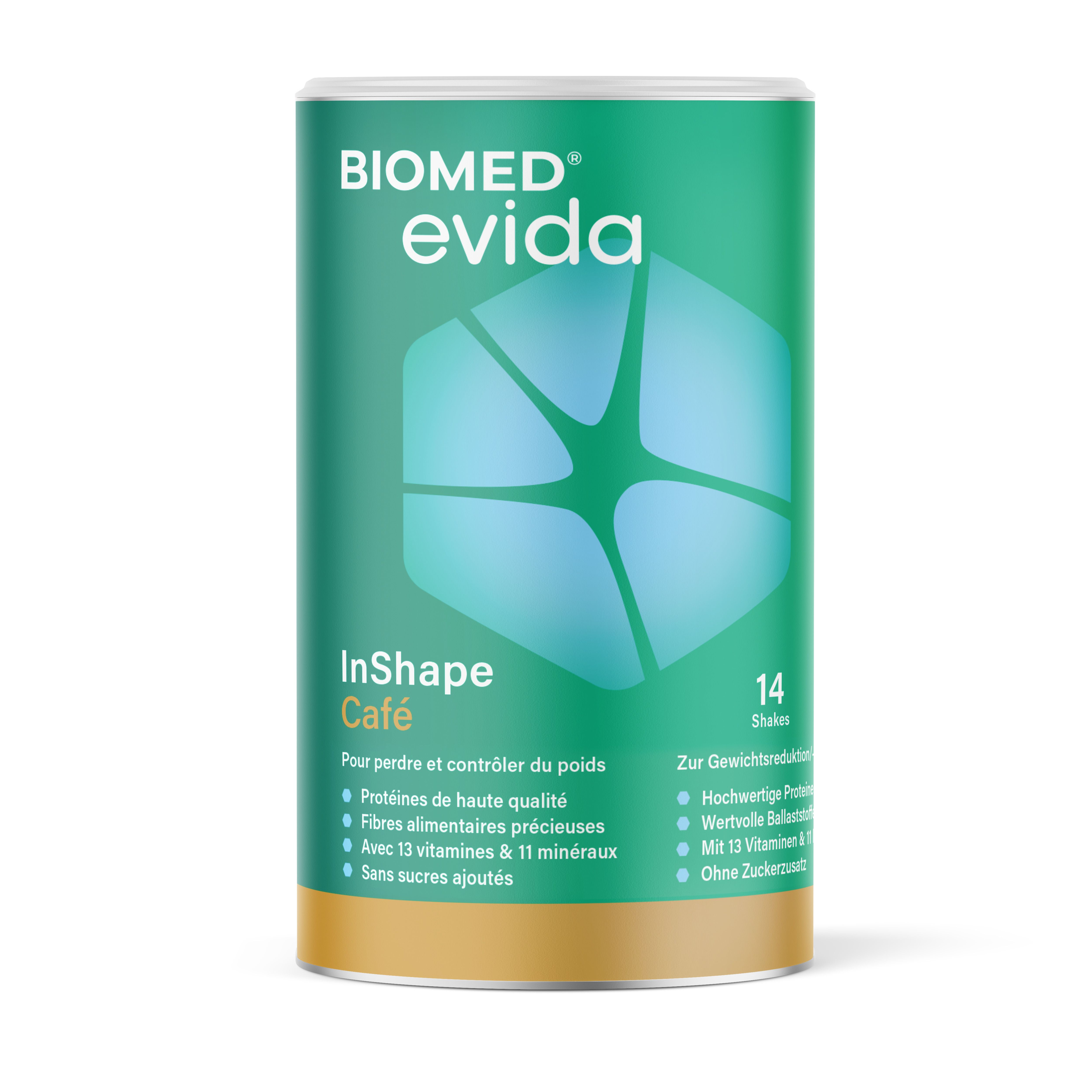 Biomed Evida InShape Café Dose mit 14 Shakes. Grüne und goldene Verpackung mit hexagonalem Muster.