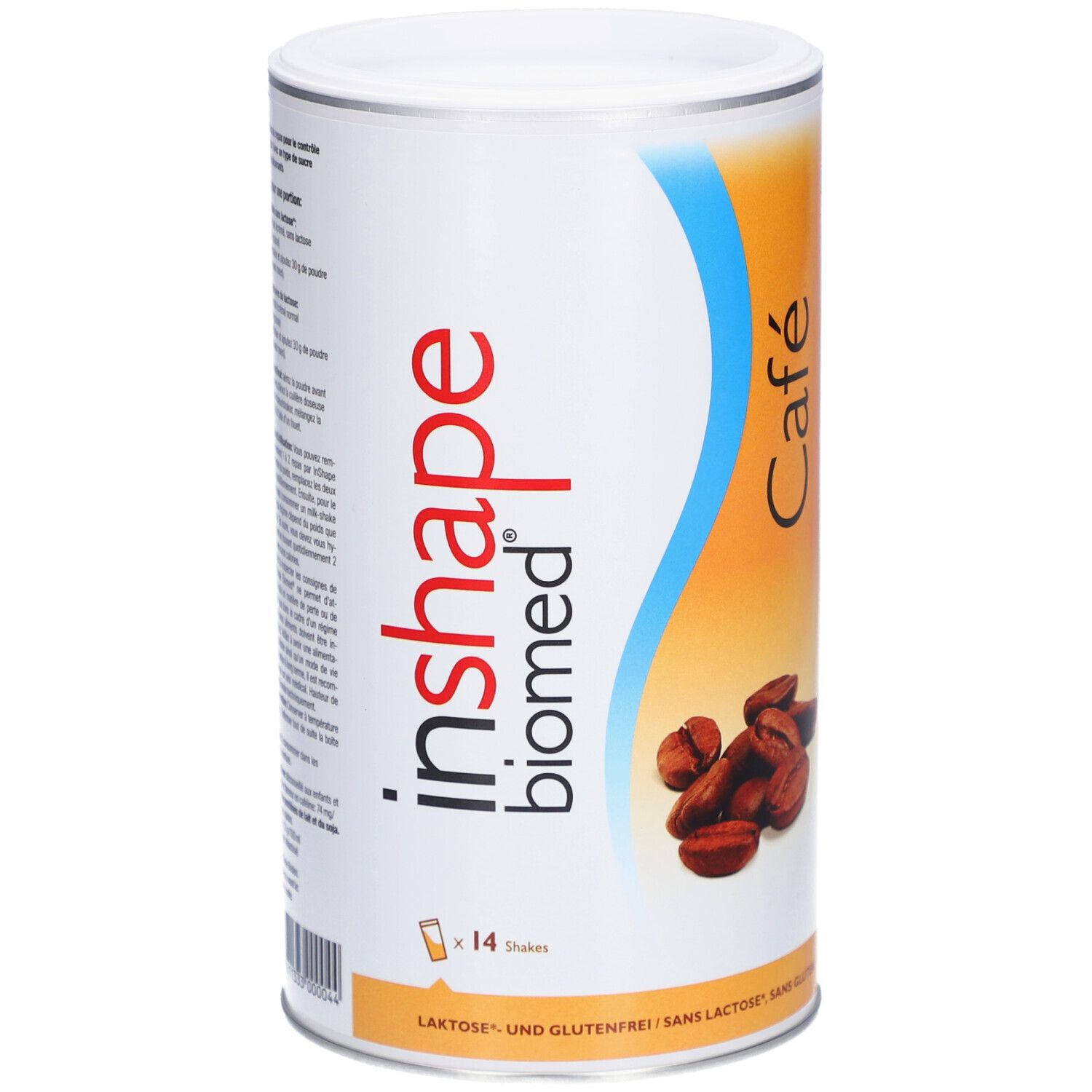 Zylindrische Dose Biomed® inshape Café. Weiß, blau und orangefarbenes Design. Abbildung von Kaffeebohnen. Text: Laktose- und Glutenfrei.