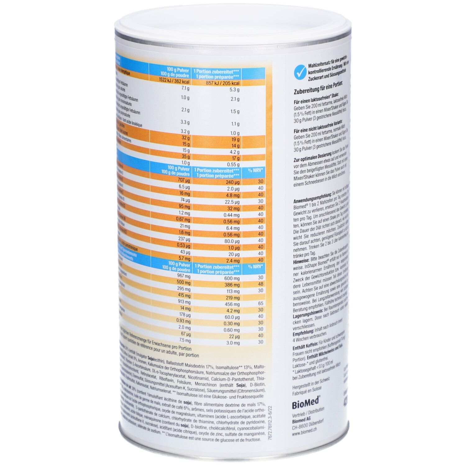 Seite der Dose Biomed® inshape Café. Nährwerttabelle mit Informationen zu Kalorien, Proteinen, Kohlenhydraten und Vitaminen.