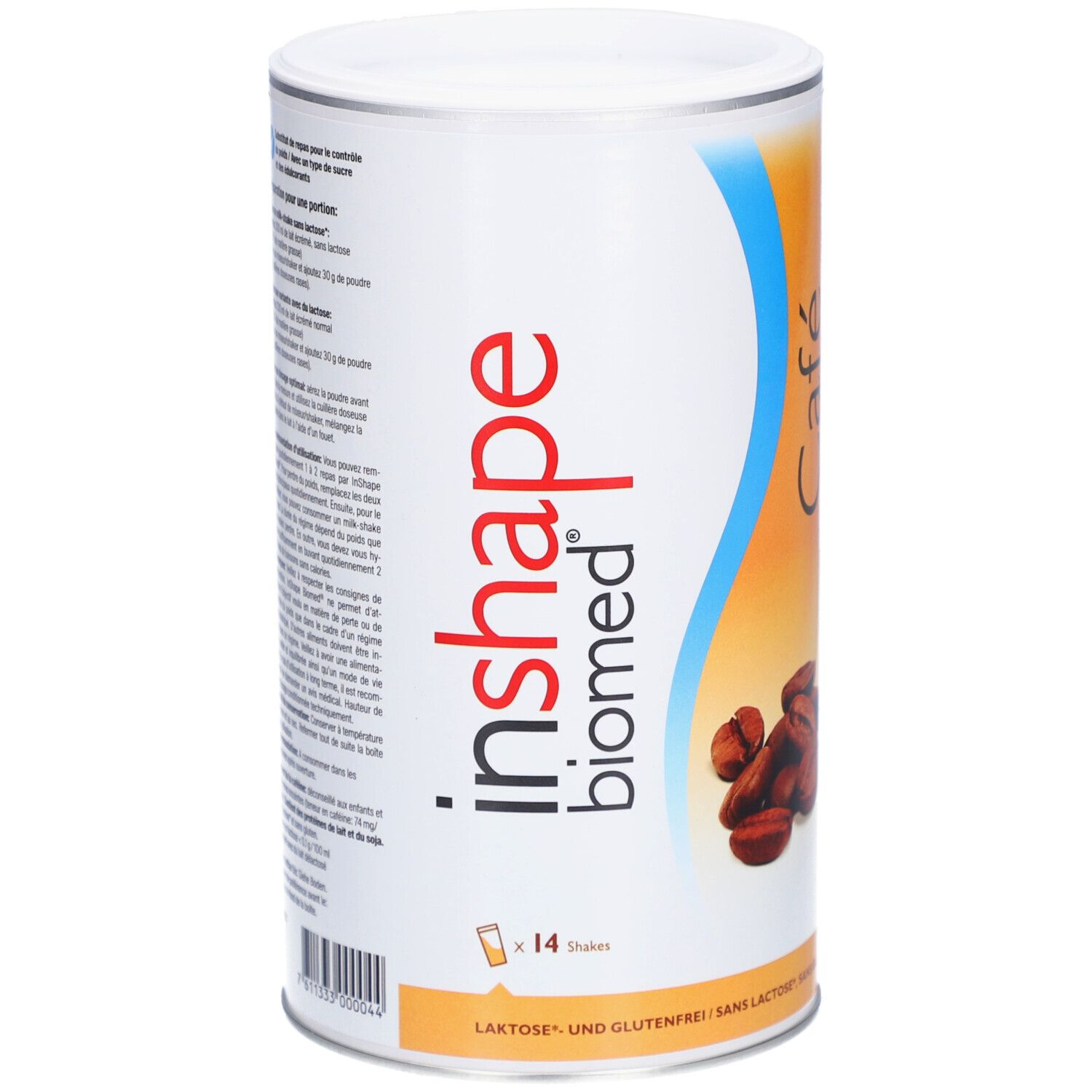 Zylindrische Dose Biomed® inshape Café. Weiß, blau und orangefarbenes Design. Abbildung von Kaffeebohnen. Text: Laktose- und Glutenfrei.