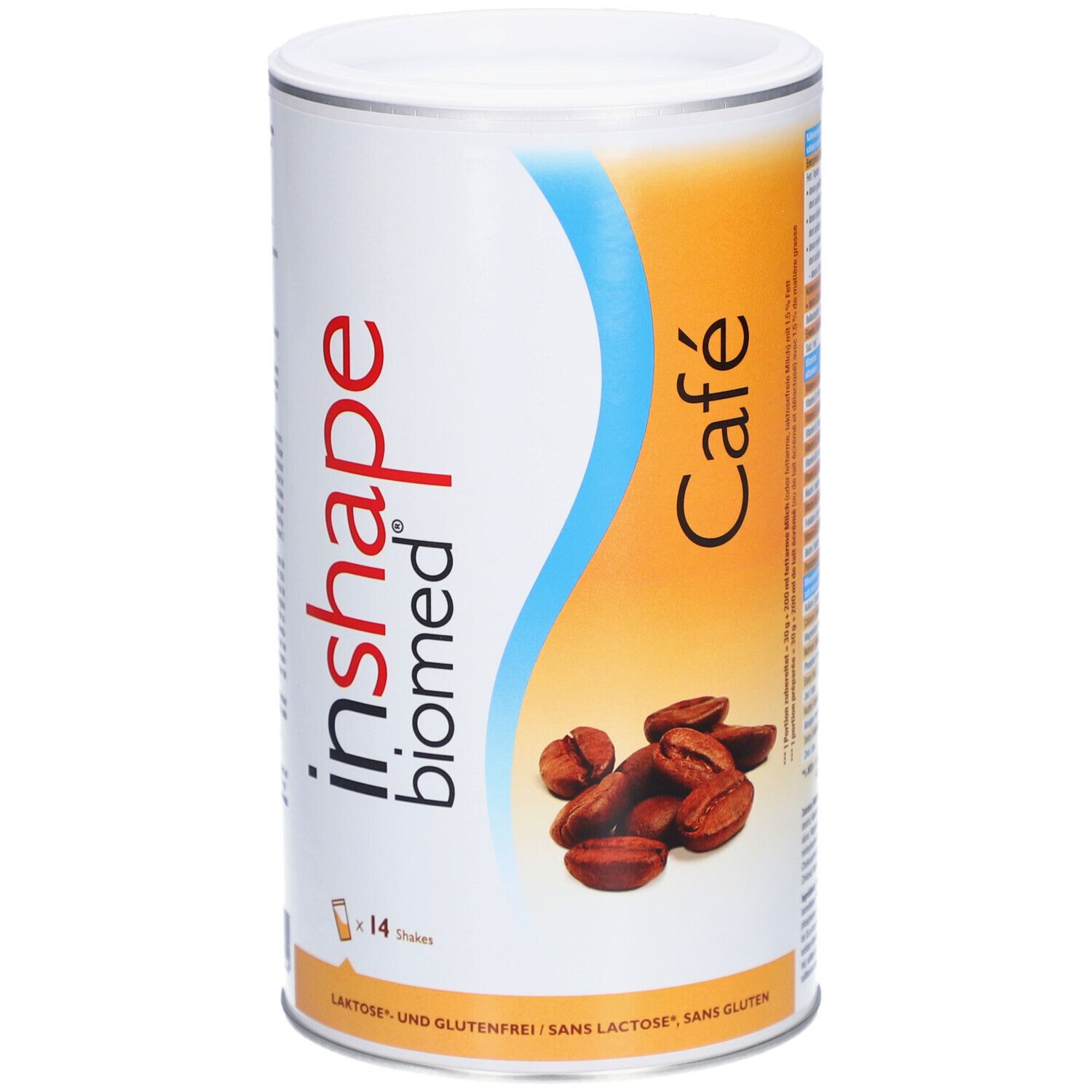 Zylindrische Dose Biomed® inshape Café. Weiß, blau und orangefarbenes Design. Abbildung von Kaffeebohnen. Text: Laktose- und Glutenfrei.