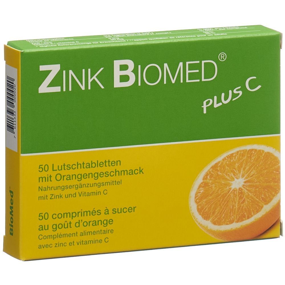 ZINK BIOMED PLUS C Lutschtabletten-Packung. Grün-gelbe Schachtel mit Produktnamen, Orangen-Abbildung und Text.