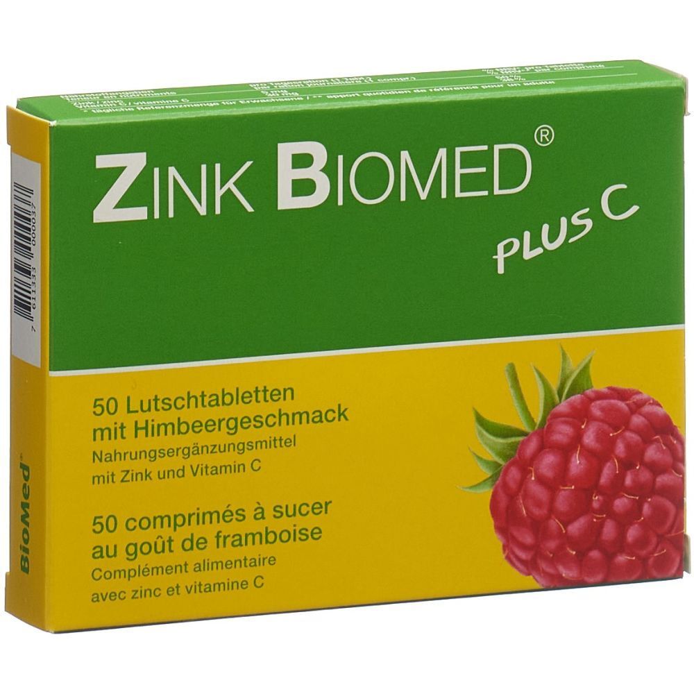 Schachtel Zink Biomed Plus C. Grün-gelb, Himbeere, 50 Lutschtabletten. Schriftzug Zink Biomed Plus C. Abbildung einer Himbeere.