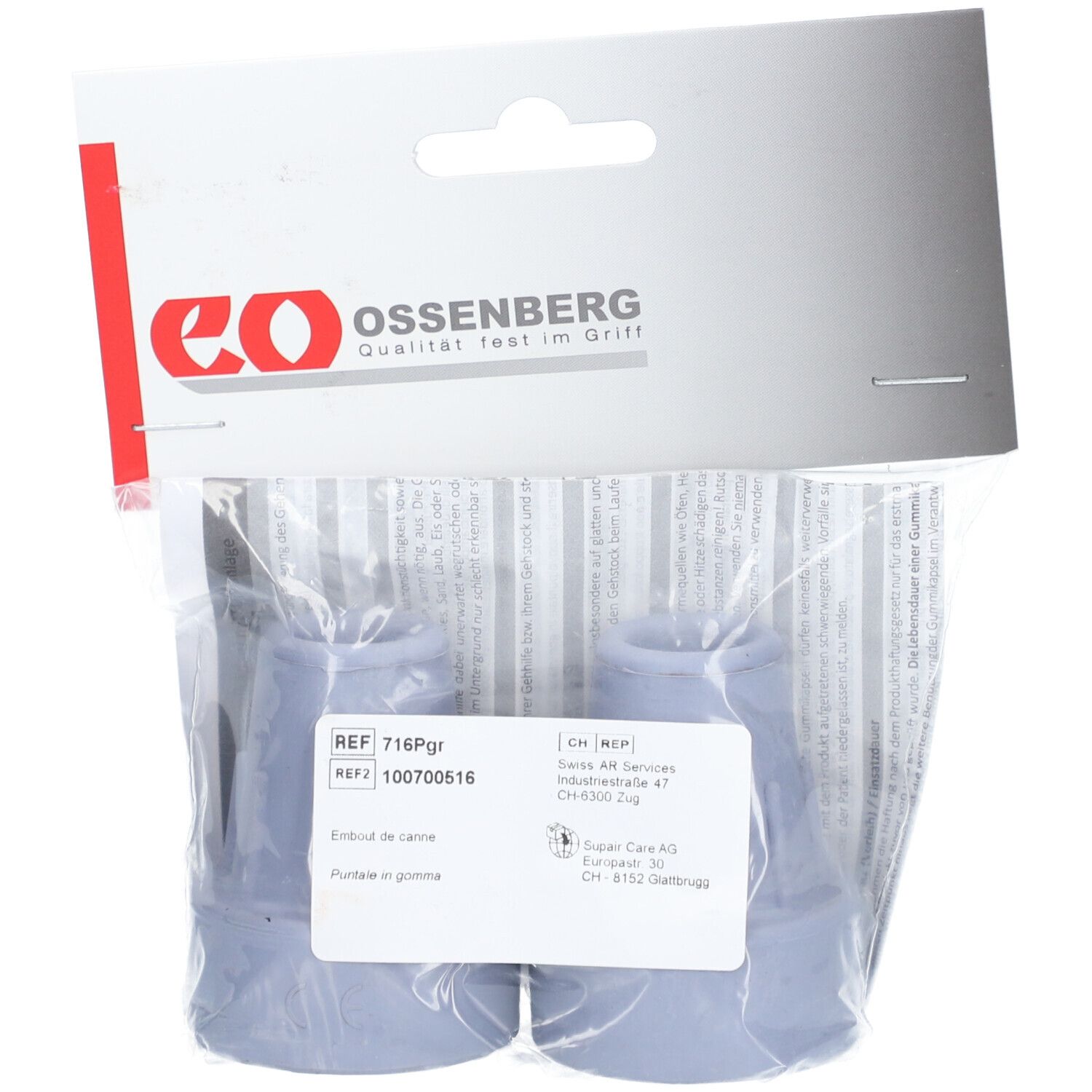 Zwei graue OSSENBERG-Bequille-Kapseln in Verpackung. REF 716Pgr. Swiss AR Services.