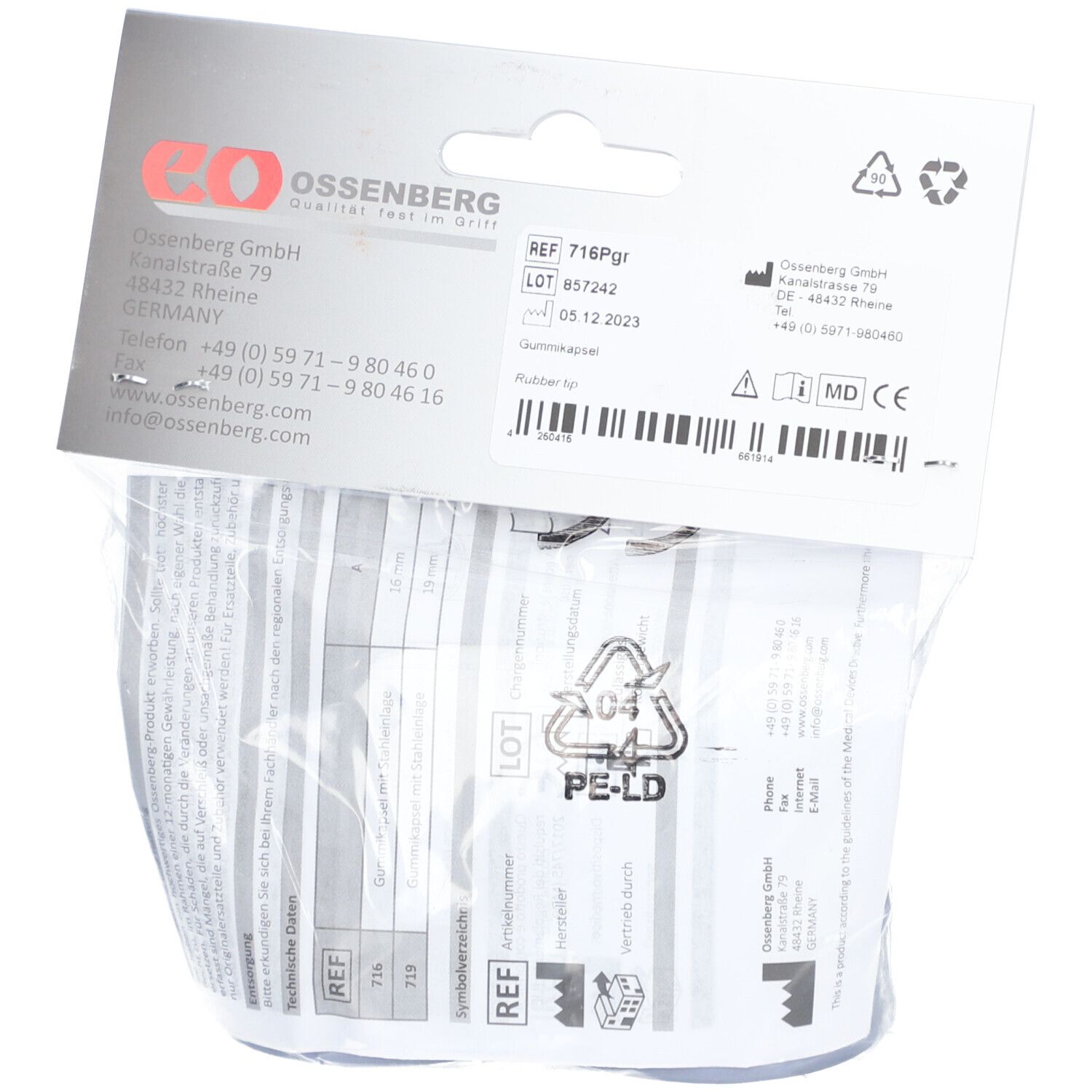 Rückseite der Verpackung mit Informationen. OSSENBERG, REF 716Pgr, LOT 857242, 05.12.2023.
