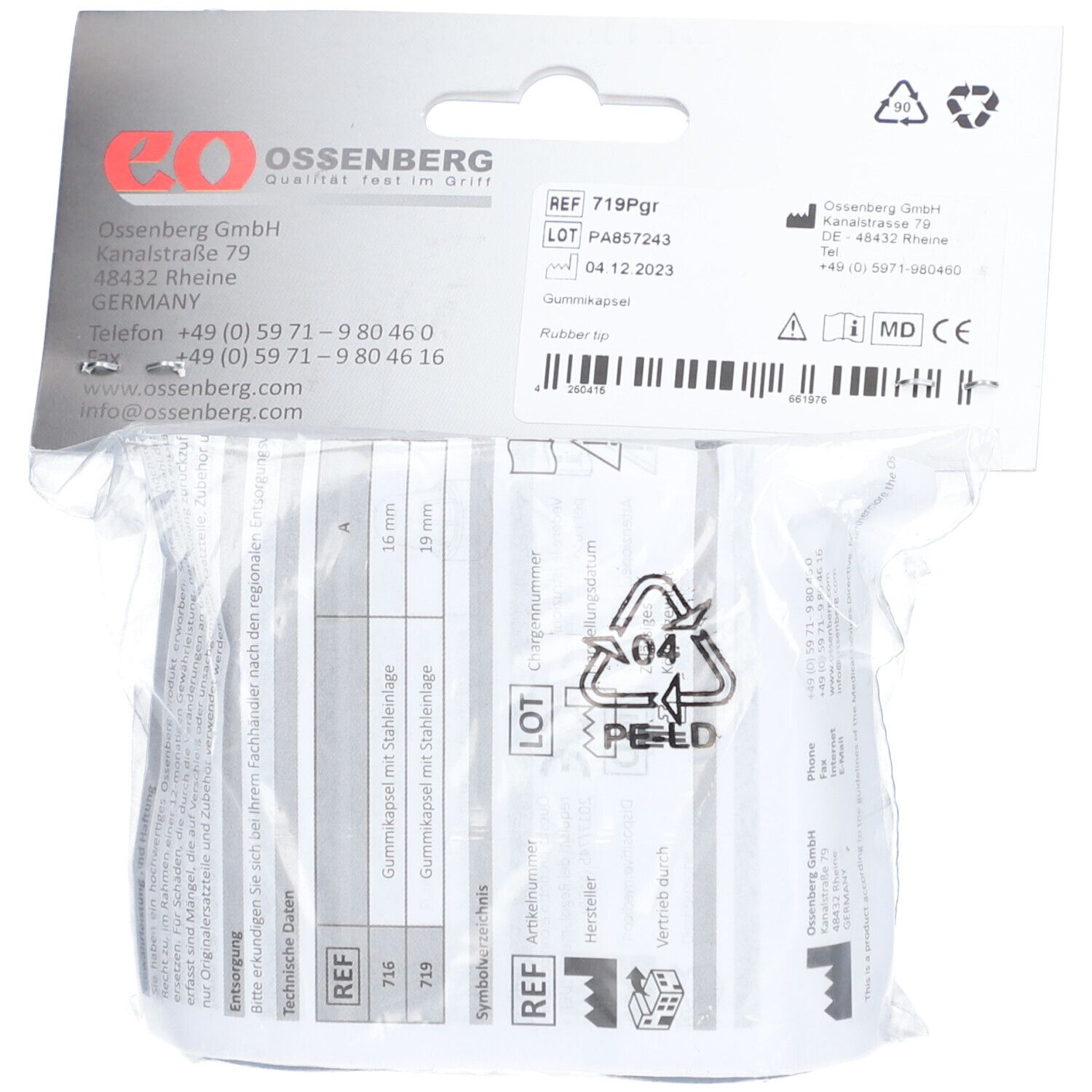 Dos de l'emballage avec informations produit. Référence, numéro de lot, informations fabricant et symbole de recyclage.