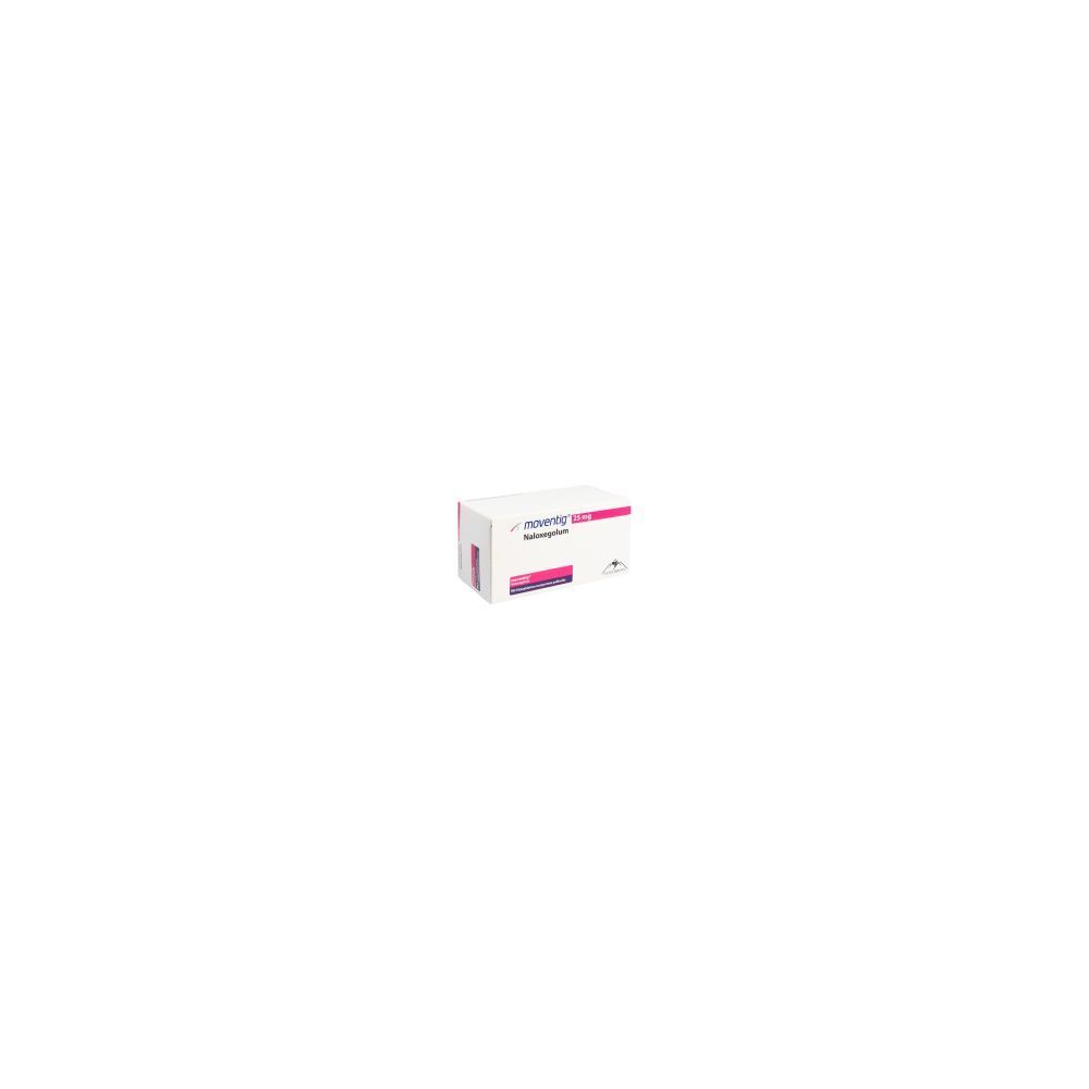 Kartonverpackung mit Produktnamen und Dosierung. Weißer Karton mit rosa und lila Akzenten. Schriftzug "moventig".