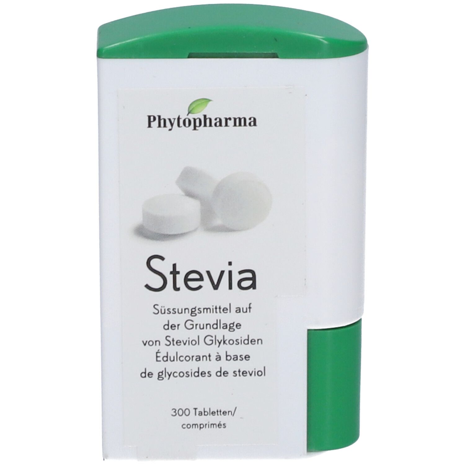 Weiße Tabletten in einem weißen Behälter mit grünem Deckel. Aufschrift: Stevia, Phytopharma. 300 Tabletten.
