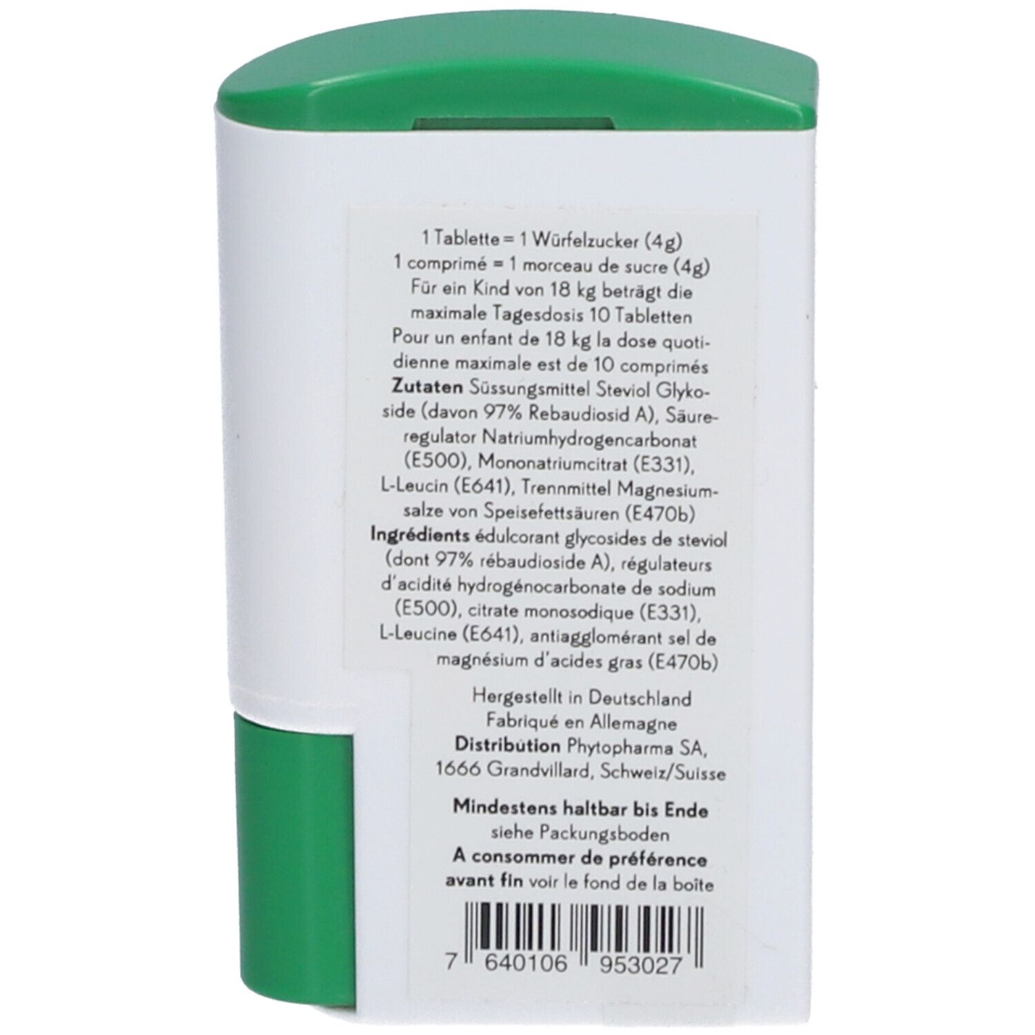 Rückseite der Verpackung mit Text in Deutsch und Französisch. Enthält Informationen zu Inhaltsstoffen und Hersteller.