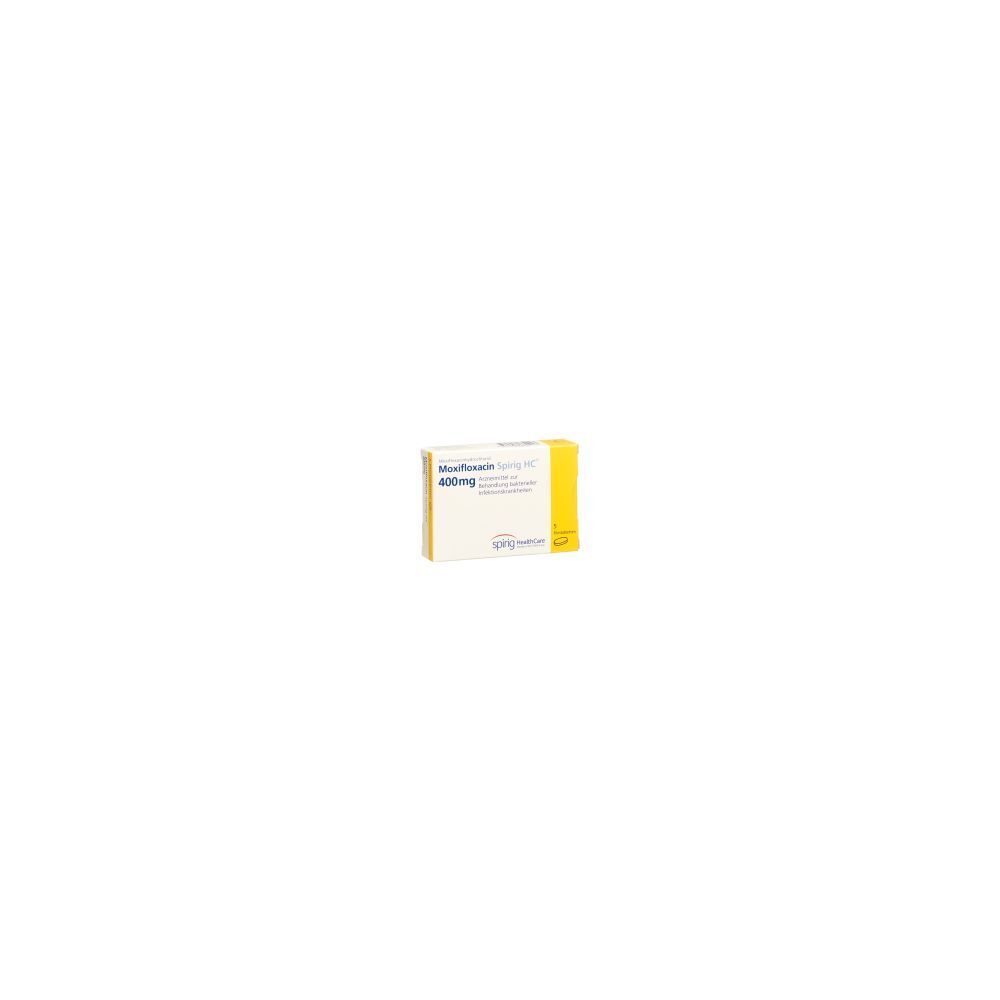 Verpackung von MOXIFLOXACIN Spirig HC Filmtabl 400 mg. Gelb-weiße Schachtel mit Produktnamen und Dosierung.