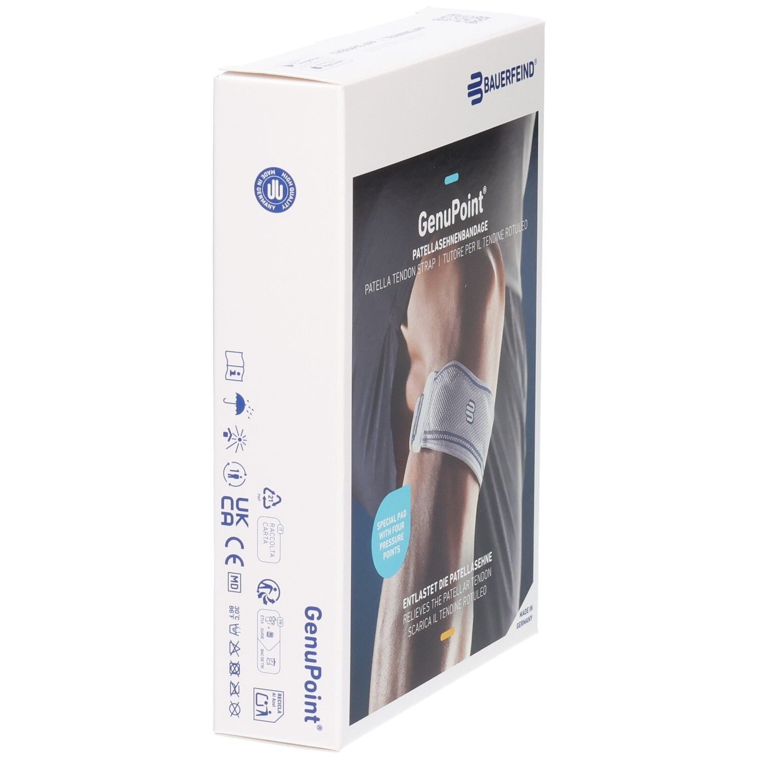 Seitenansicht der Verpackung der BAUERFEIND GenuPoint Patellasehnen-Bandage mit Symbolen.