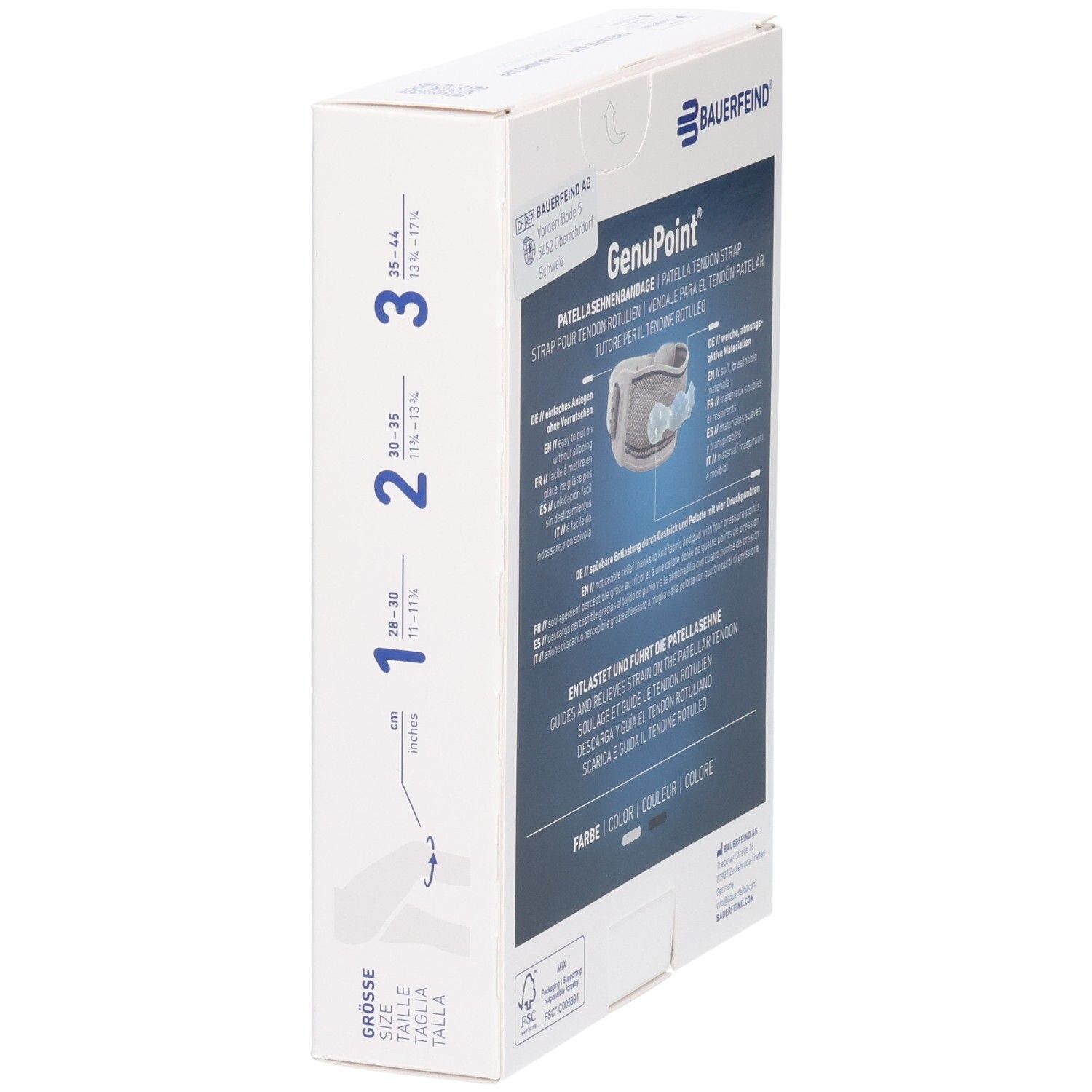 Seitenansicht der Verpackung der BAUERFEIND GenuPoint Patellasehnen-Bandage mit Grössenangaben.
