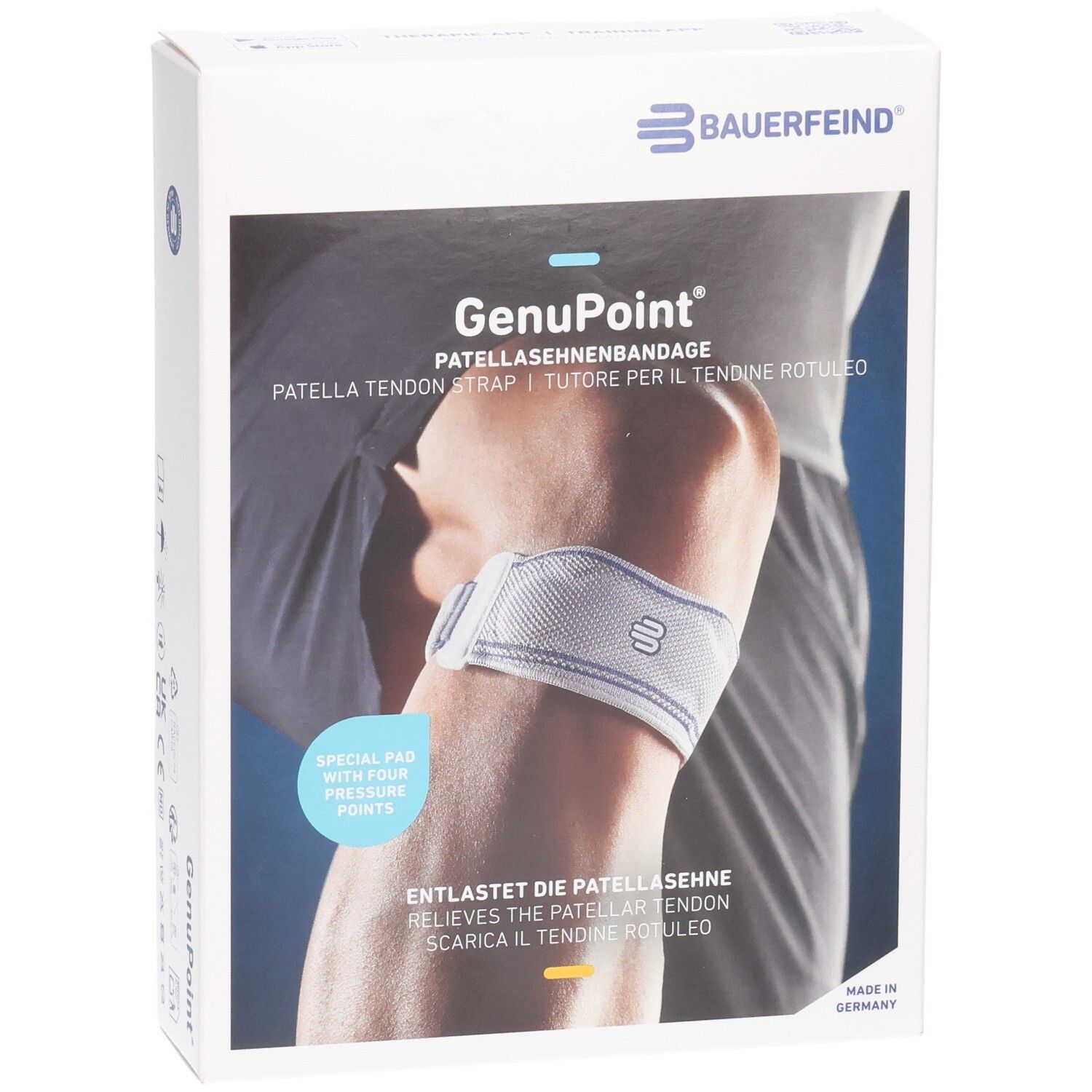 Verpackung der BAUERFEIND GenuPoint Patellasehnen-Bandage mit Abbildung eines Knies.