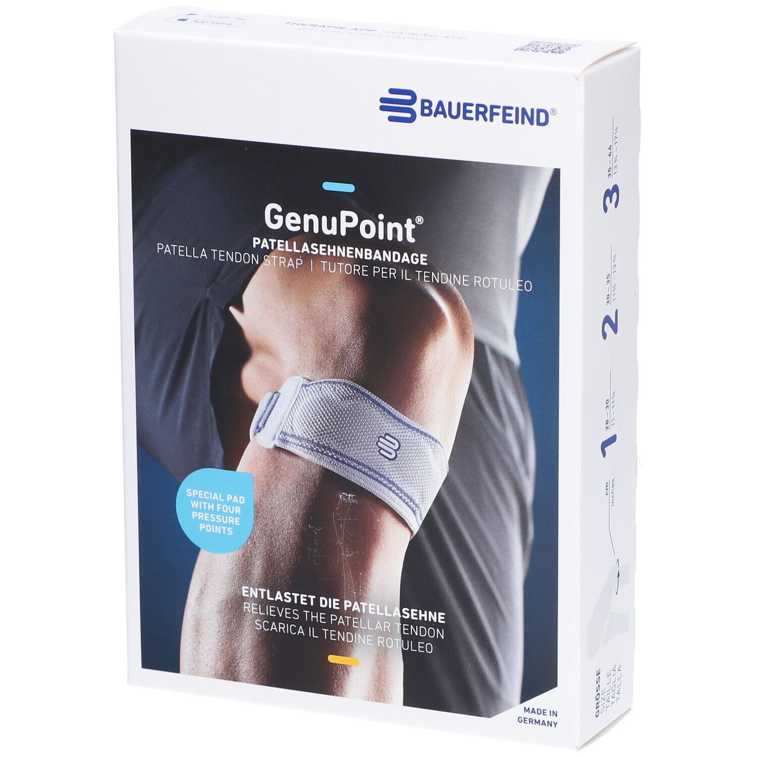 Bauerfeind GenuPoint Patellasehnenbandage in Verpackung. Produktabbildung am Knie. Text: GenuPoint, Patellasehnenbandage.
