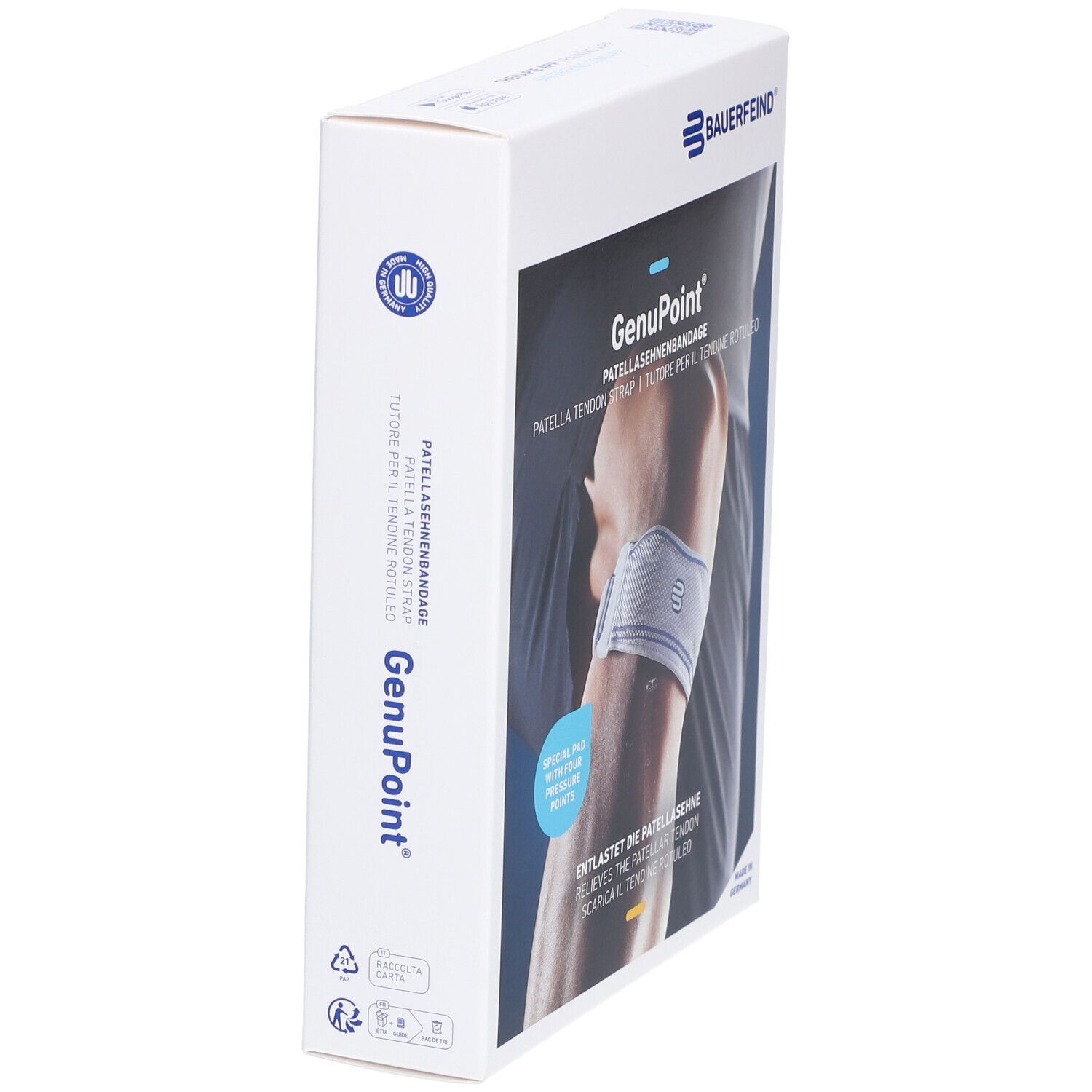 Bauerfeind GenuPoint Patellasehnenbandage in Verpackung. Produktabbildung am Knie. Text: GenuPoint, Patellasehnenbandage.