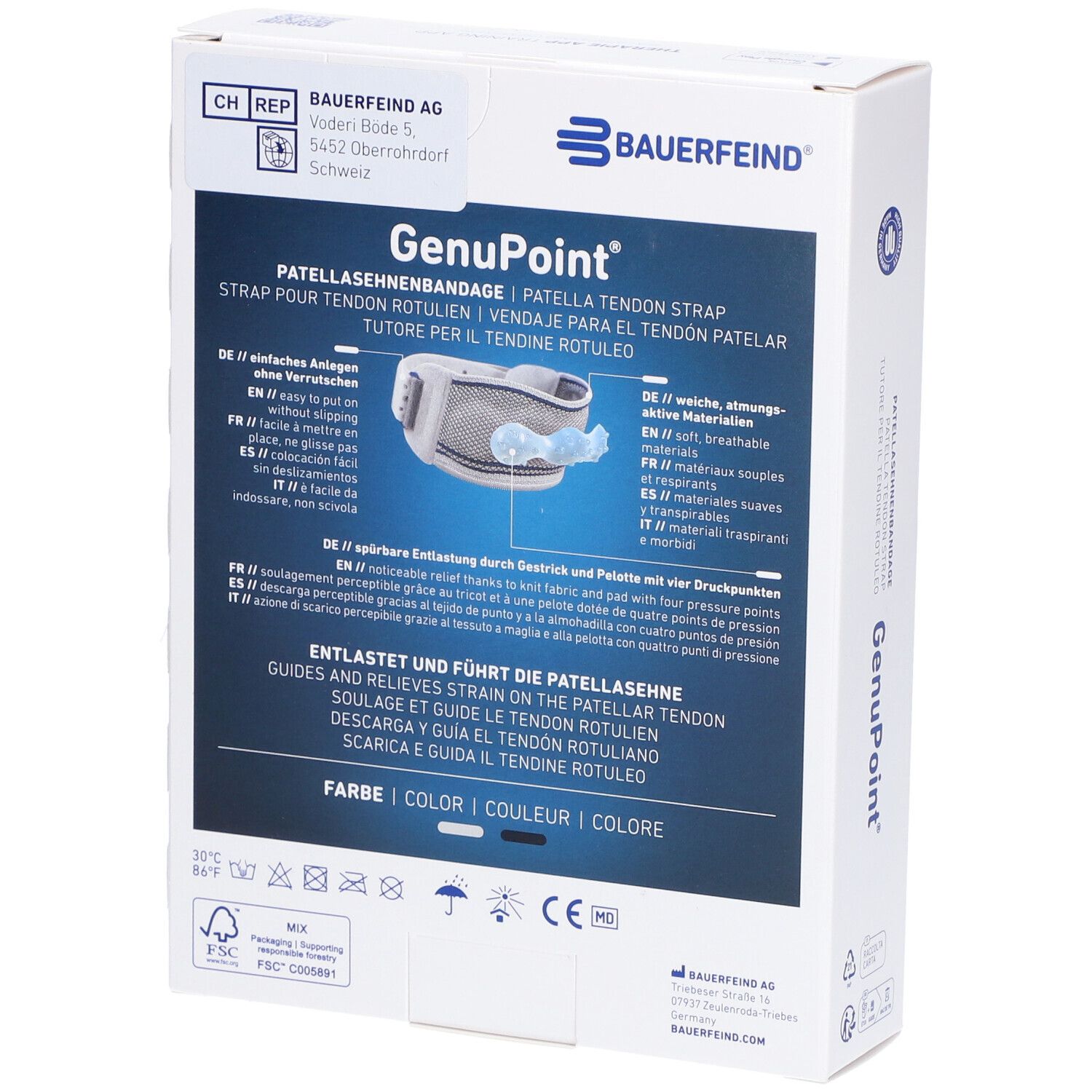 Rückseite der Bauerfeind GenuPoint Verpackung. Produktabbildung und Textinformationen. Text: GenuPoint, Patellasehnenbandage.