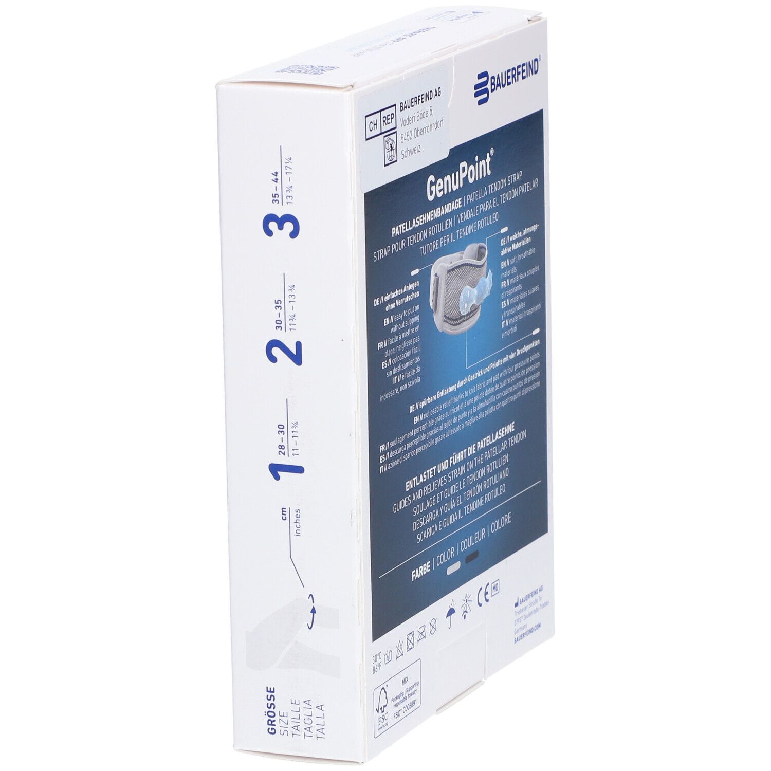 Bauerfeind GenuPoint Verpackung. Größenangaben und Produktabbildung. Text: GenuPoint, Patellasehnenbandage.