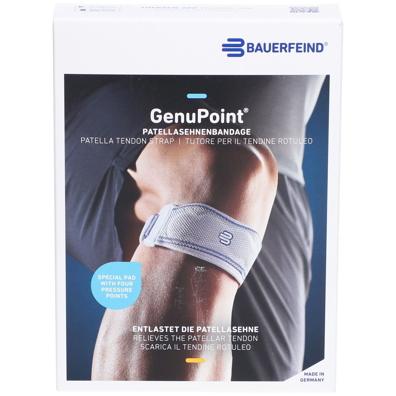 Bauerfeind GenuPoint Patellasehnenbandage in Verpackung. Produktabbildung am Knie. Text: GenuPoint, Patellasehnenbandage.