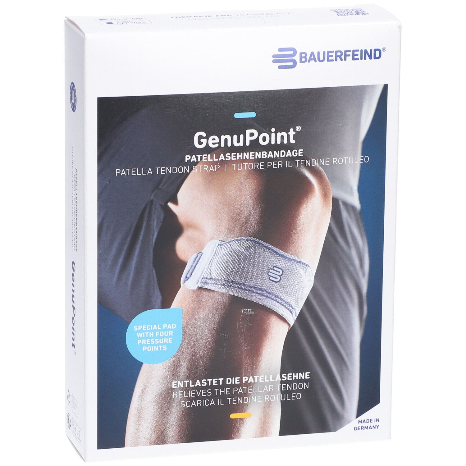 Bauerfeind GenuPoint Patellasehnenbandage in Verpackung. Produktabbildung am Knie. Text: GenuPoint, Patellasehnenbandage.