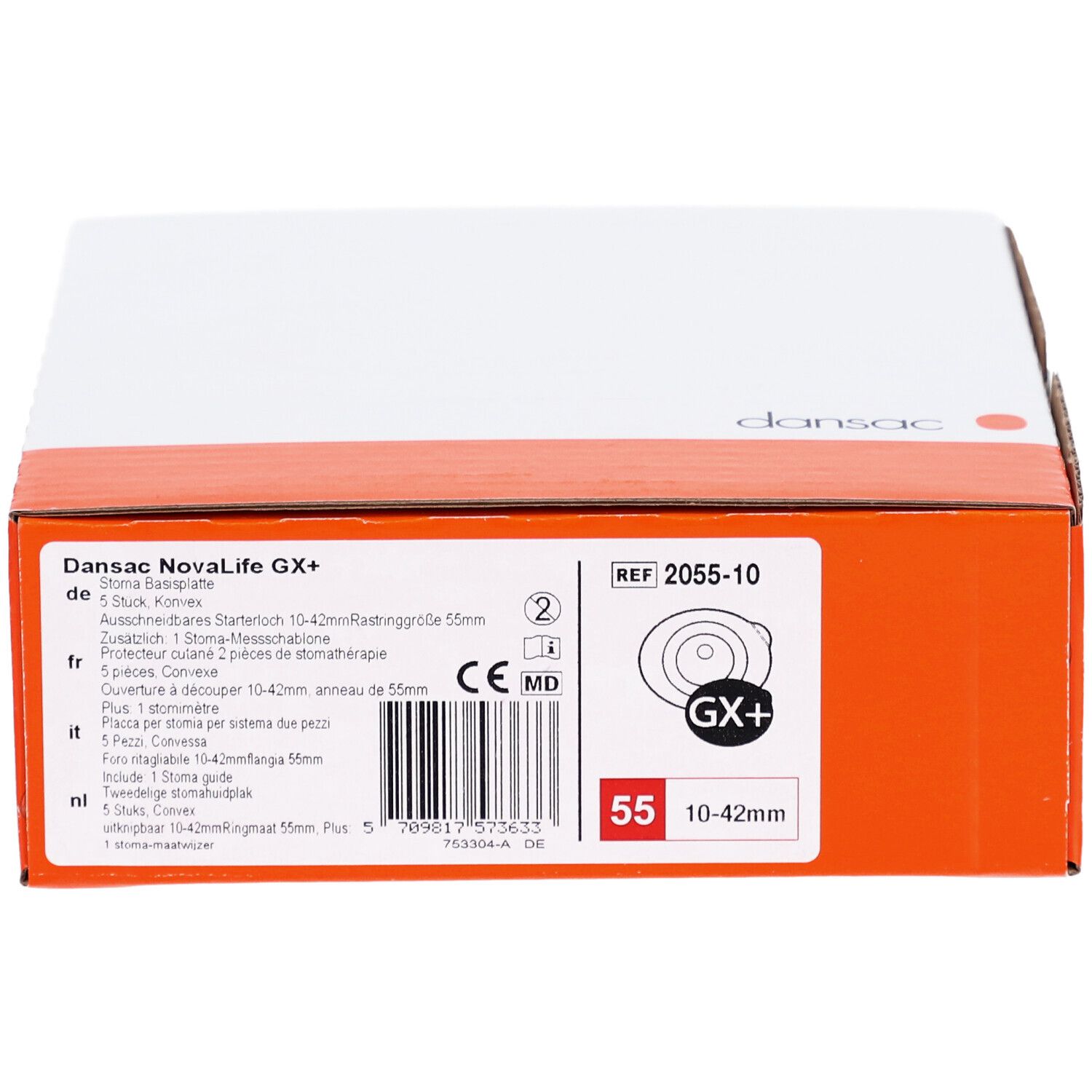 Verpackung für Dansac NovaLife GX+ Stoma-Basisplatte, 5 Stück, Größe 55 (10-42mm).