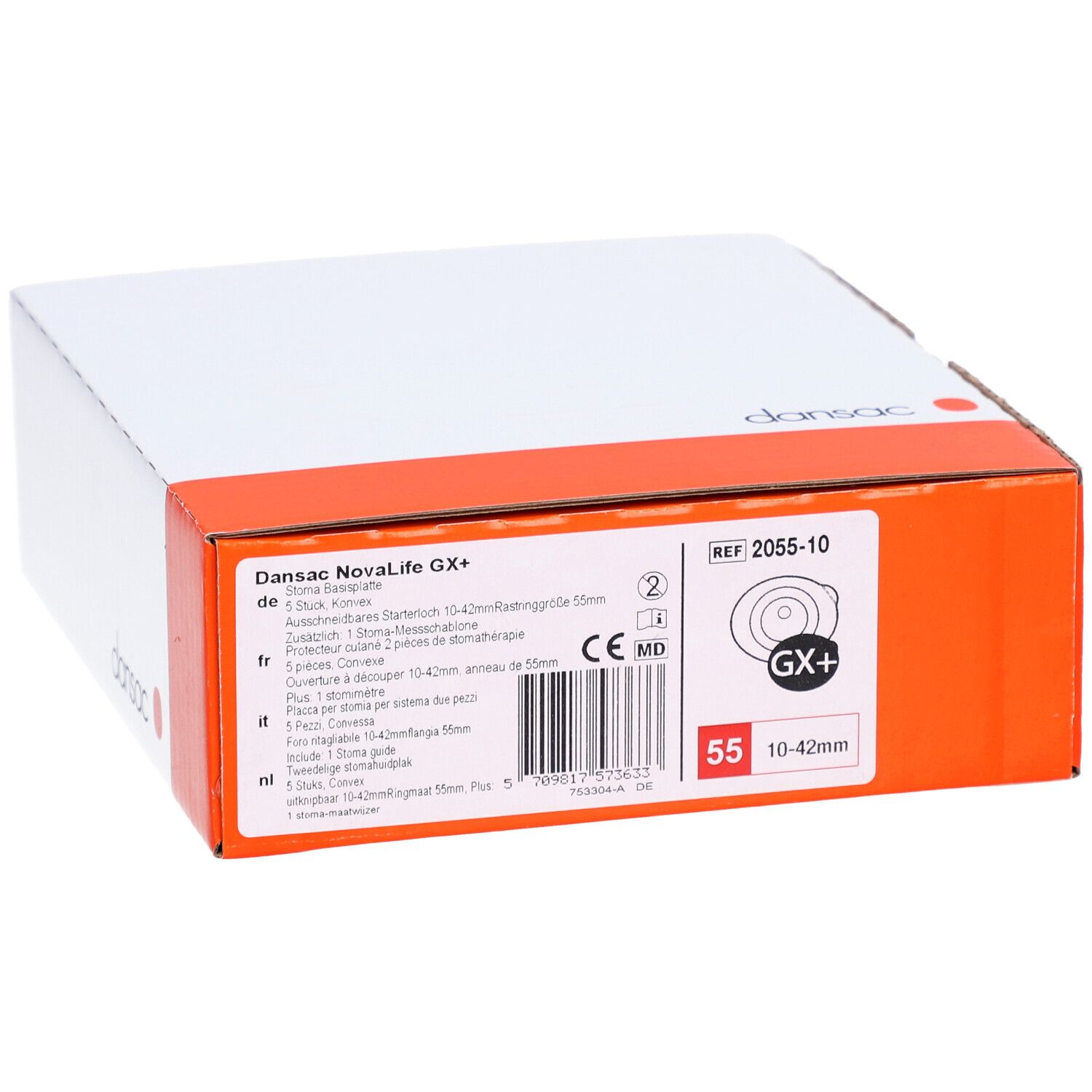Verpackung für Dansac NovaLife GX+ Stoma-Basisplatte, 5 Stück, Größe 55 (10-42mm).