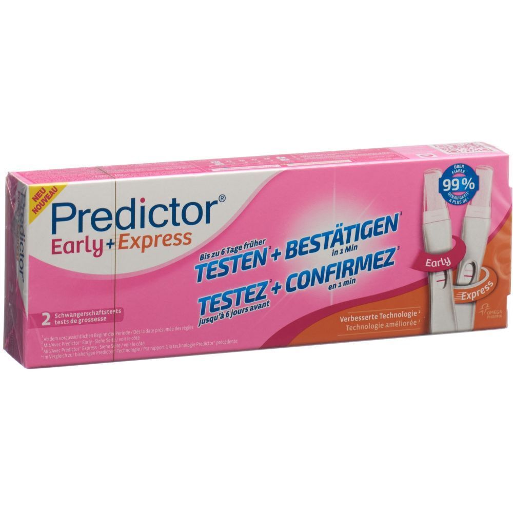 Boîte rose de tests de grossesse Predictor Early+Express. Contient 2 tests. Fiable à 99%.