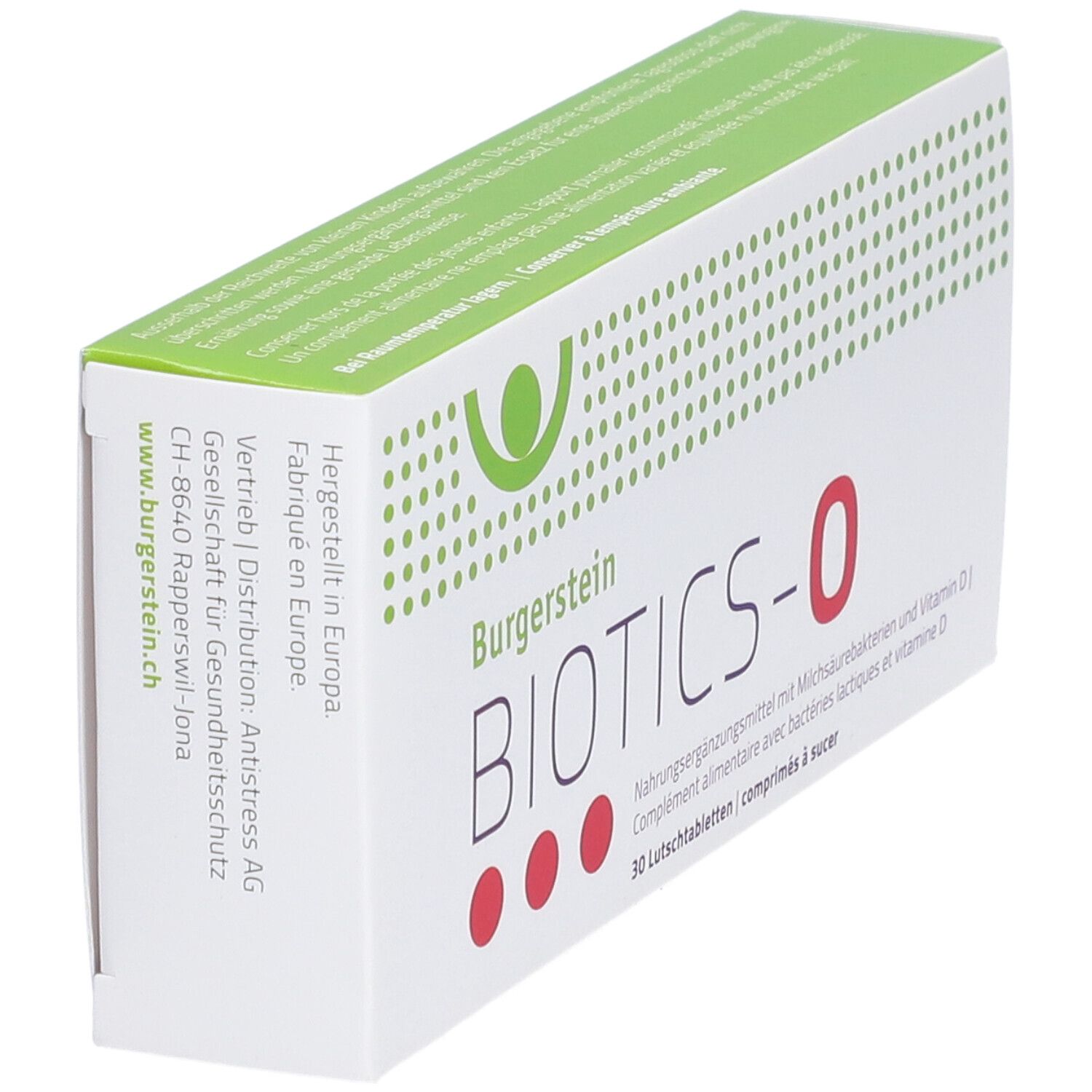 Burgerstein BIOTICS-O. Weiße Schachtel mit grünen und roten Elementen. Seitenansicht.