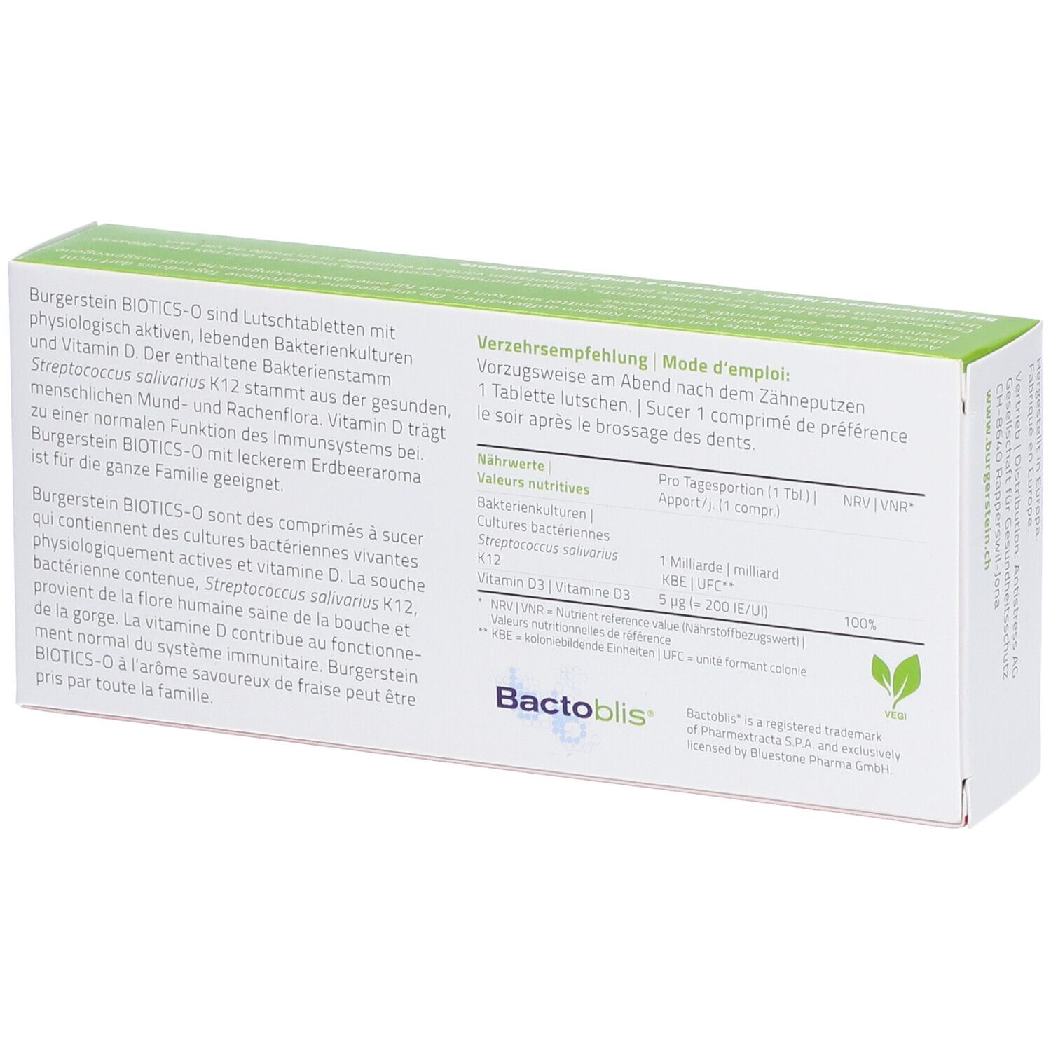 Rückseite der Burgerstein BIOTICS-O Schachtel. Text in Deutsch, Französisch und Angaben zu Inhaltsstoffen.