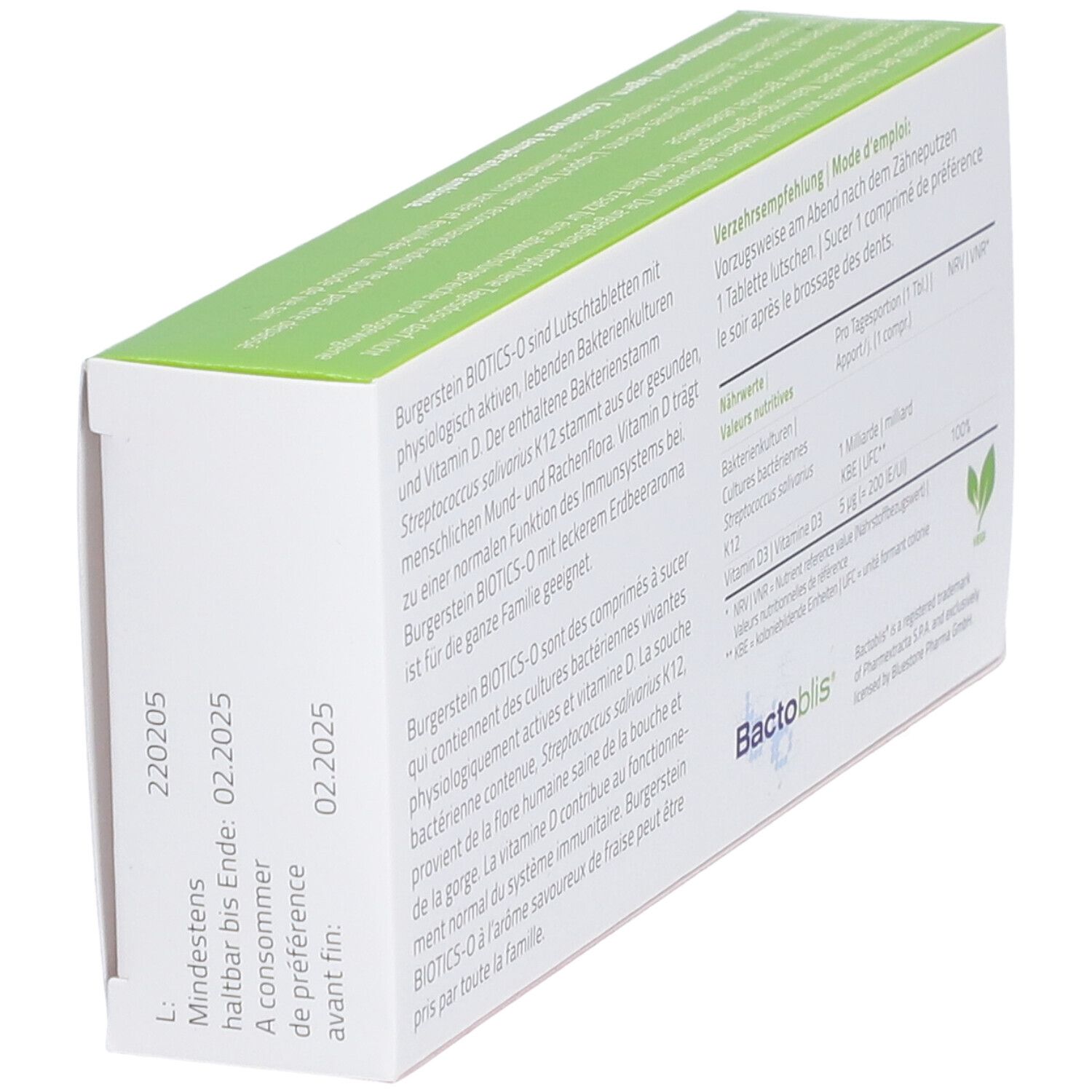 Rückseite der Burgerstein BIOTICS-O Schachtel. Text und Haltbarkeitsdatum.