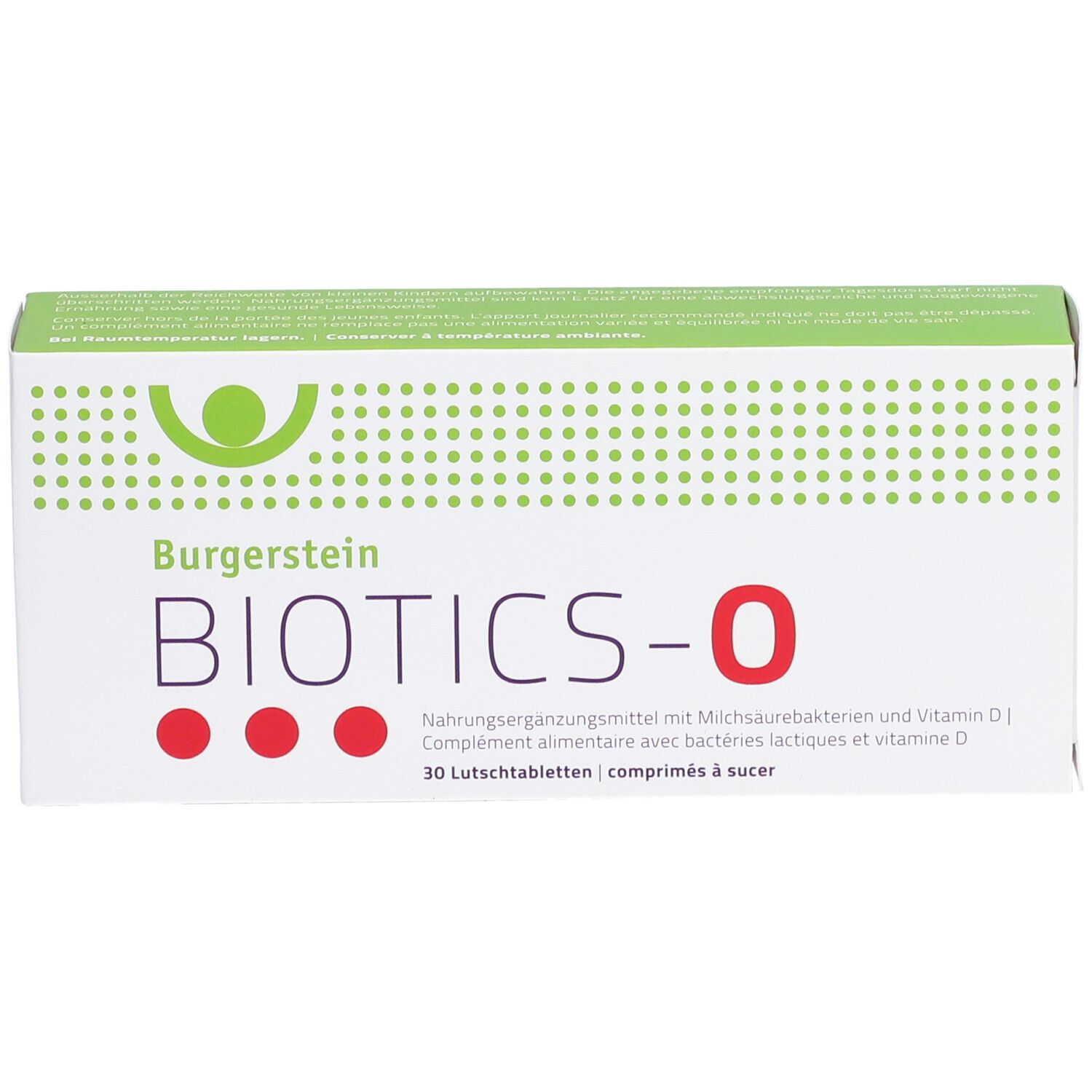 Burgerstein BIOTICS-O. Weiße Schachtel mit grünen und roten Elementen. 30 Lutschtabletten.