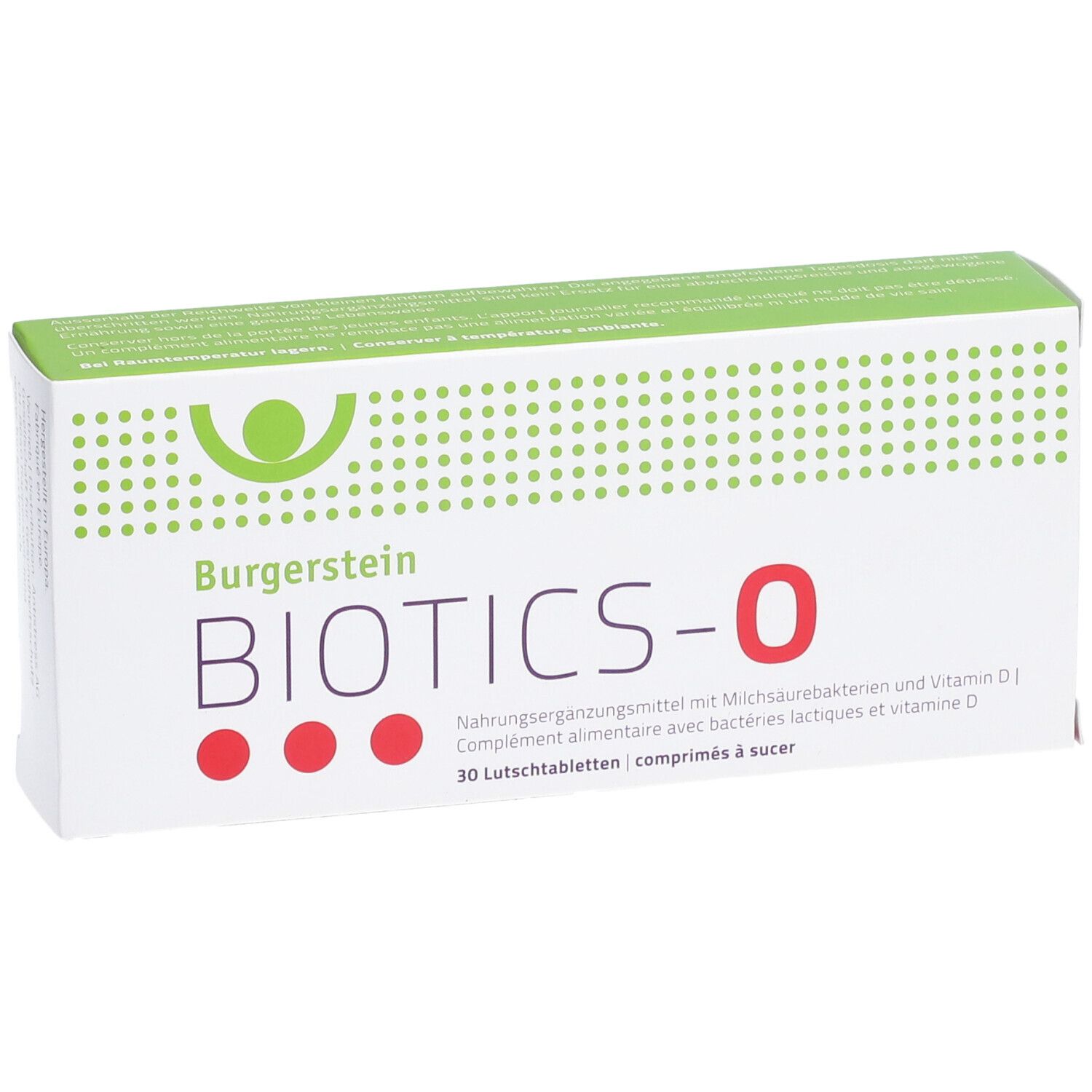 Burgerstein BIOTICS-O. Weiße Schachtel mit grünen und roten Elementen. 30 Lutschtabletten.