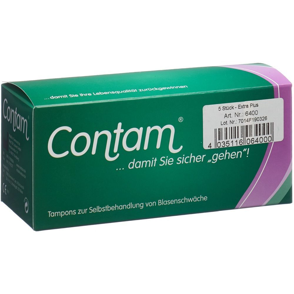Grüne Schachtel mit "Contam"-Logo. Aufschrift: "5 Stück - Extra Plus". Enthält Tampons zur Selbstbehandlung von Blasenschwäche.