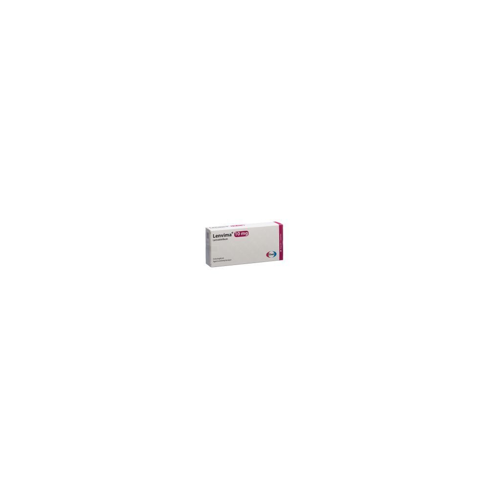Karton LENVIMA Kaps 10 mg. Weißer Karton mit roter und grauer Schrift. Bayer-Logo rechts unten.