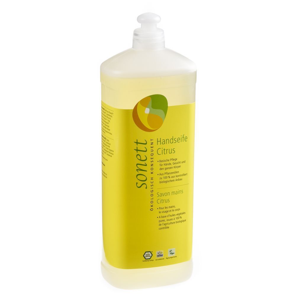 Gele fles met dispenser. Opschrift: sonett, Handzeep Citrus. Met biologisch label.