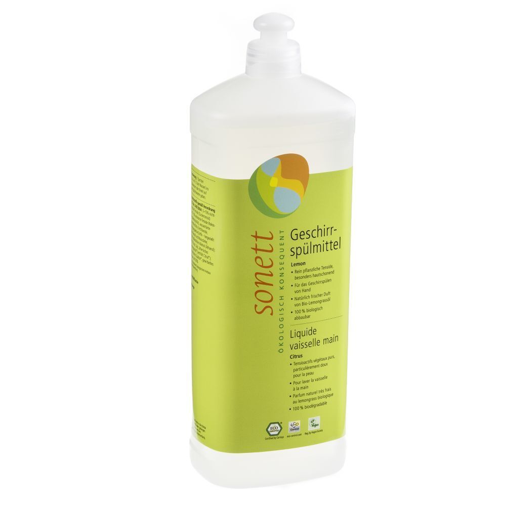 Sonett Geschirrspülmittel Zitrone, Flasche. Grün-weißes Etikett mit Logo und Produktinformationen. Ökologisches Spülmittel.