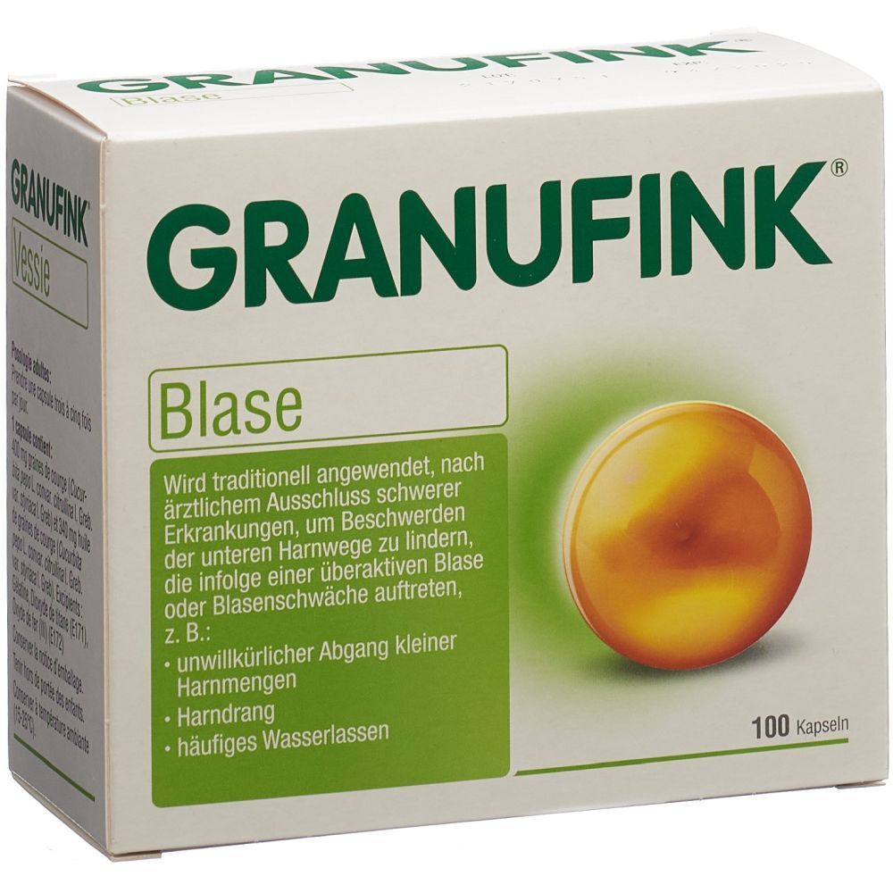 Weiße Schachtel mit grünem Schriftzug GRANUFINK und Produktbezeichnung Blase. Abbildung einer Kapsel. Aufschrift: 100 Kapseln.
