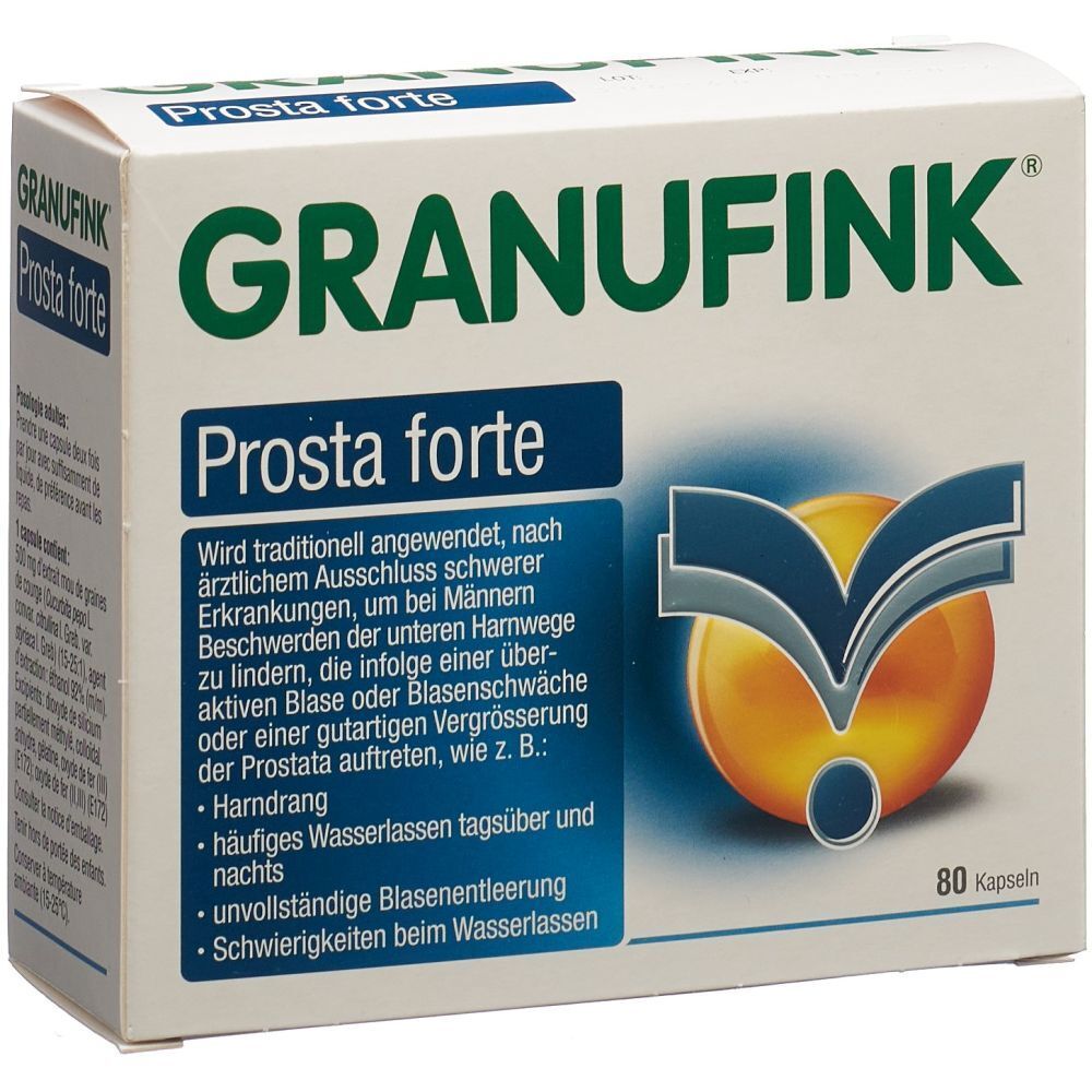 Weißer Karton mit "GRANUFINK Prosta forte" Schriftzug. Enthält 80 Kapseln. Blaue und gelbe grafische Elemente.