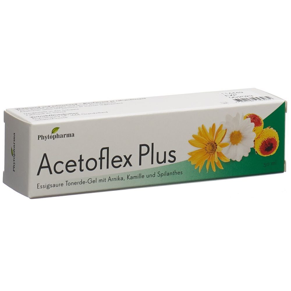 Weißer Karton mit Produktnamen Acetoflex Plus. Gelbe und weiße Blüten. Marke Phytopharma.