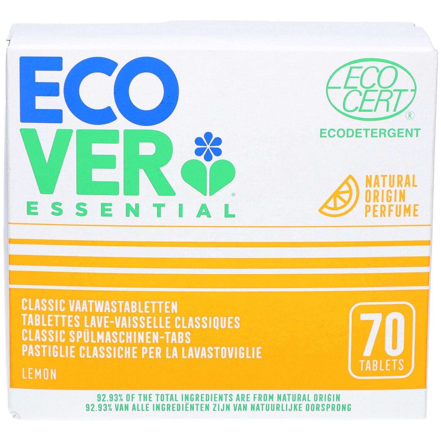 Ecover-Verpackung mit Spülmaschinentabs. Logo Ecocert. 70 Tabs. Zitrone. Text in Deutsch, Französisch, Italienisch, Niederländisch.